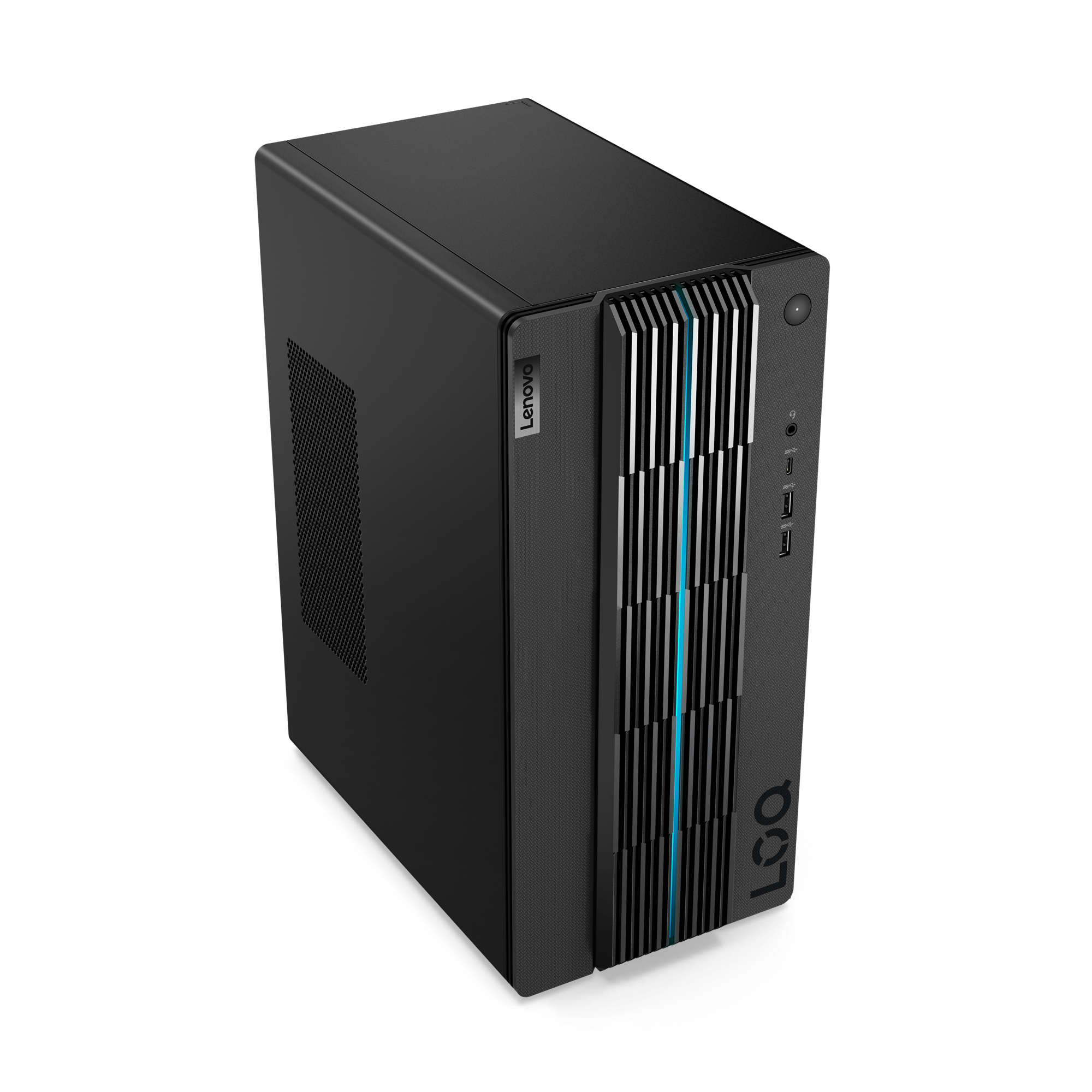 Torre del computer nera con luci blu. Logo Lenovo. Sfondo bianco. Vista laterale.