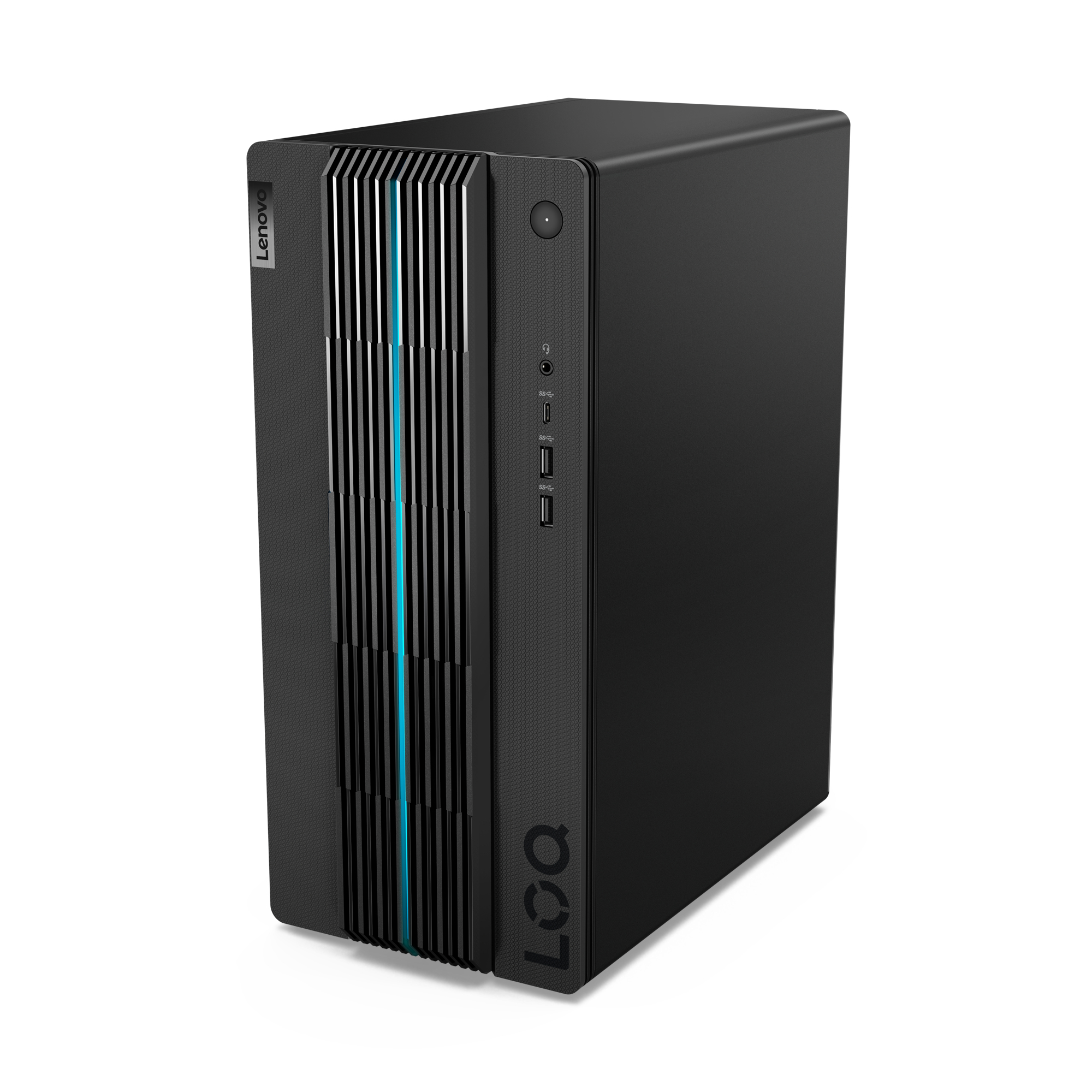 Computer desktop nero con logo Lenovo. Pannello frontale con porte. Case nero con design a strisce verticali.
