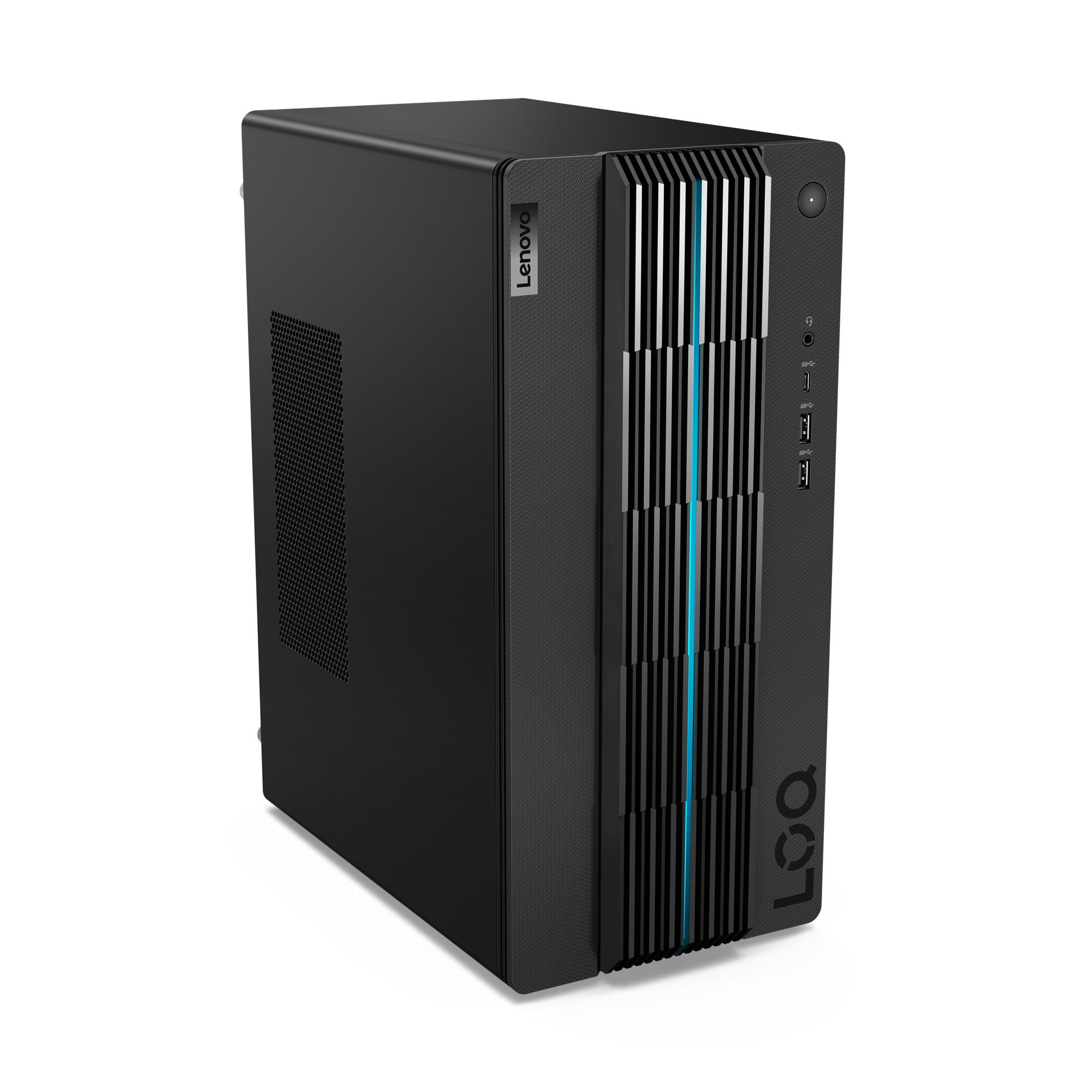 Computer desktop Lenovo nero. È un modello tower con un design elegante, con luci LED blu.