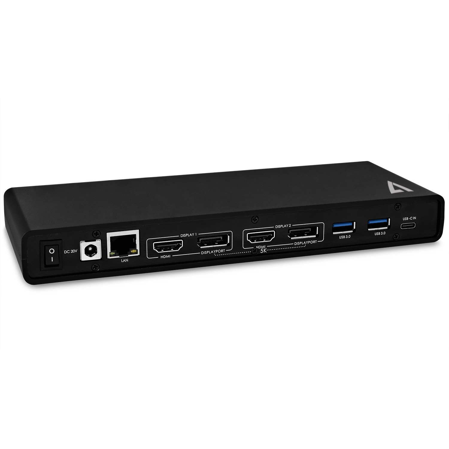 Docking station nera con porte: USB, HDMI, DisplayPort, LAN e USB-C. Pulsante di accensione a sinistra.