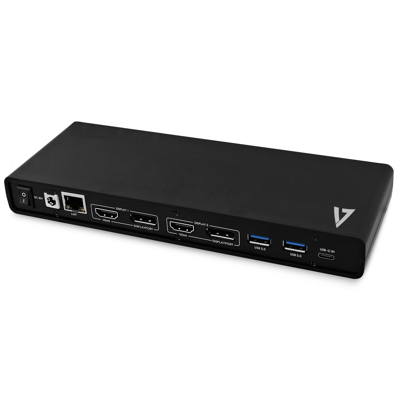 Stazione di docking nera con porte per più display, USB e LAN.