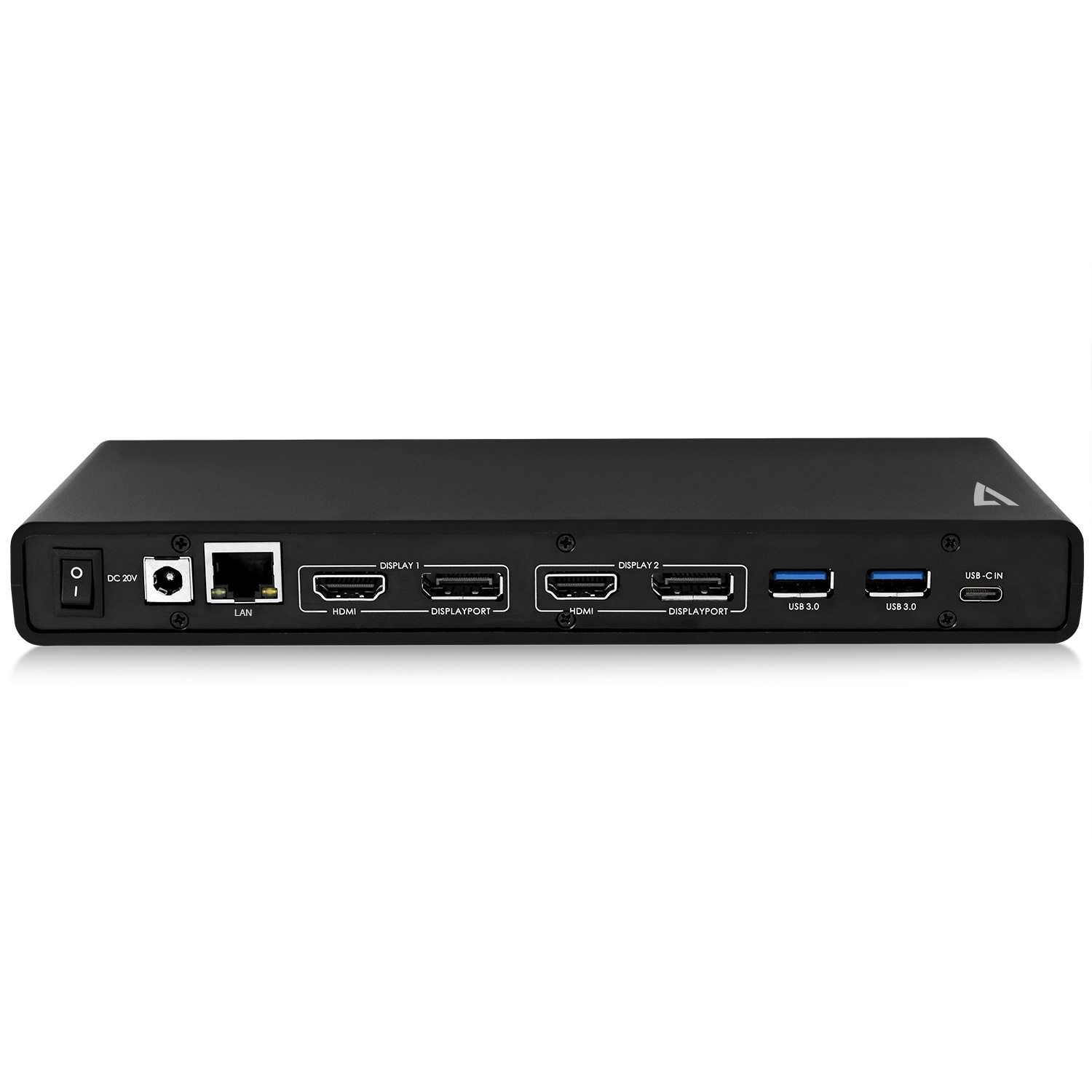 Dispositivo elettronico nero con porte, tra cui HDMI, USB e alimentazione.