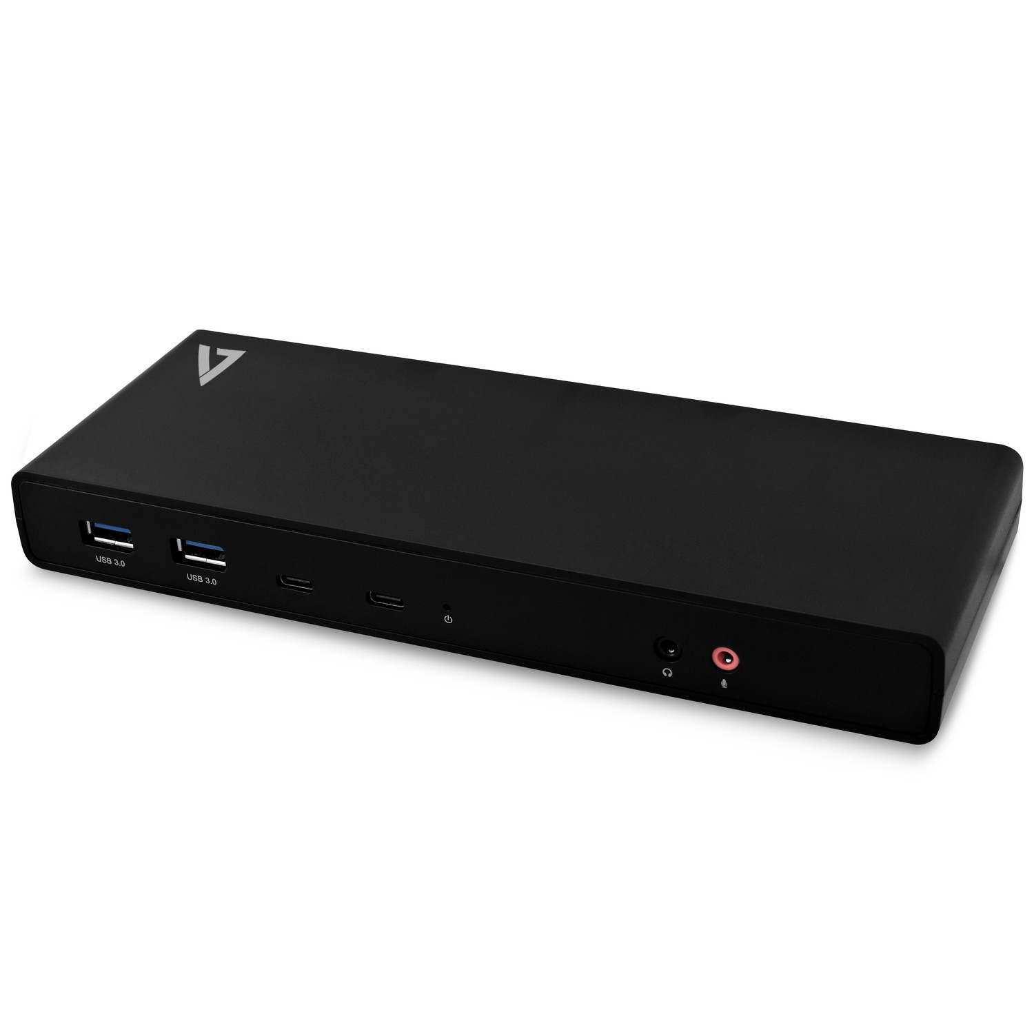 Stazione di docking nera con porte USB e jack audio.