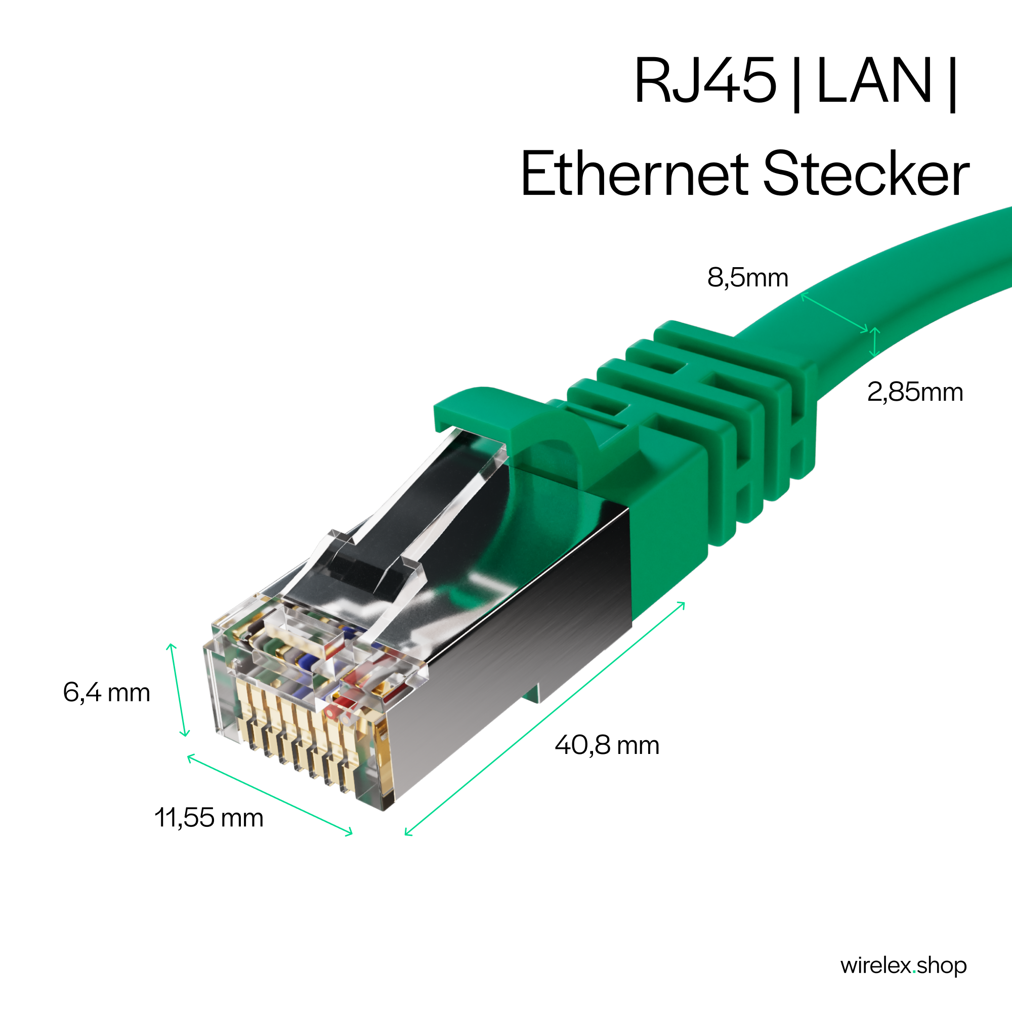 Grüner RJ45-Ethernet-Stecker mit Maßen. Metallkopf und grünes Kabel.