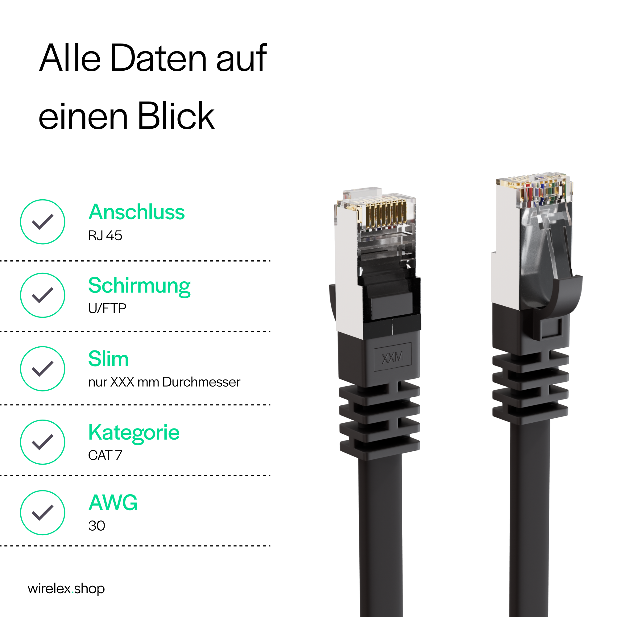 Zwei schwarze Netzwerkkabel mit Steckern und Informationen zu Spezifikationen.