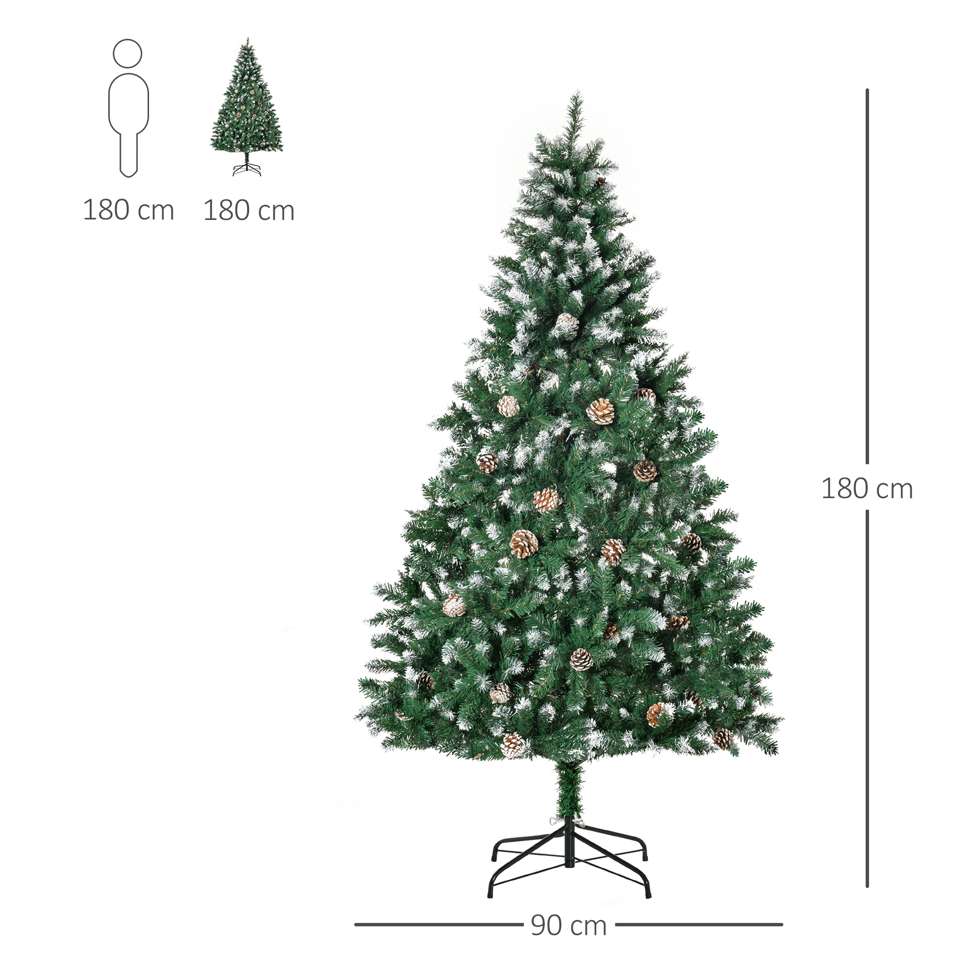 Árbol de Navidad artificial, 180 cm de altura, con conos, sobre un soporte negro.