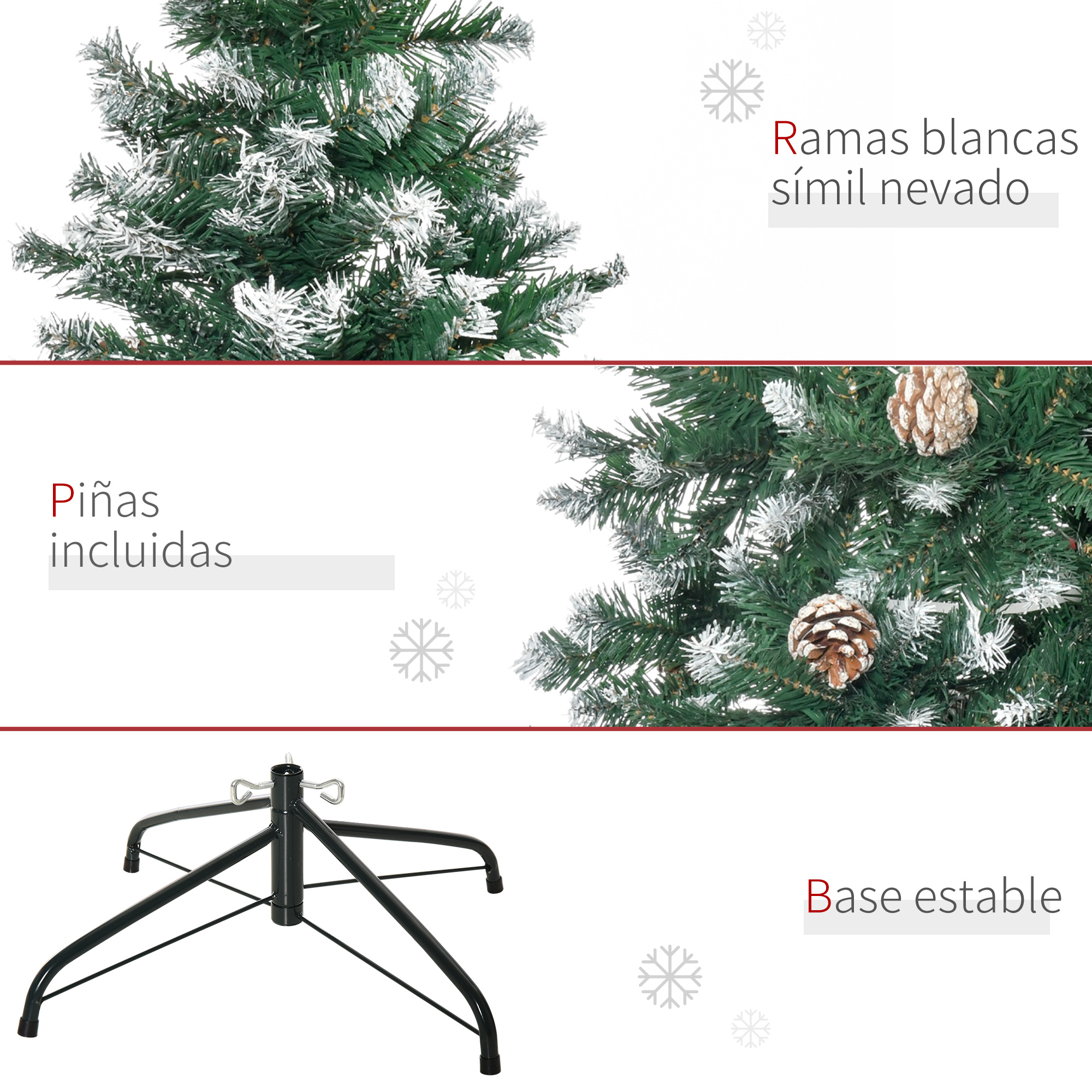 Primer plano de ramas de árbol de Navidad artificiales cubiertas con material blanco, similar a la nieve.