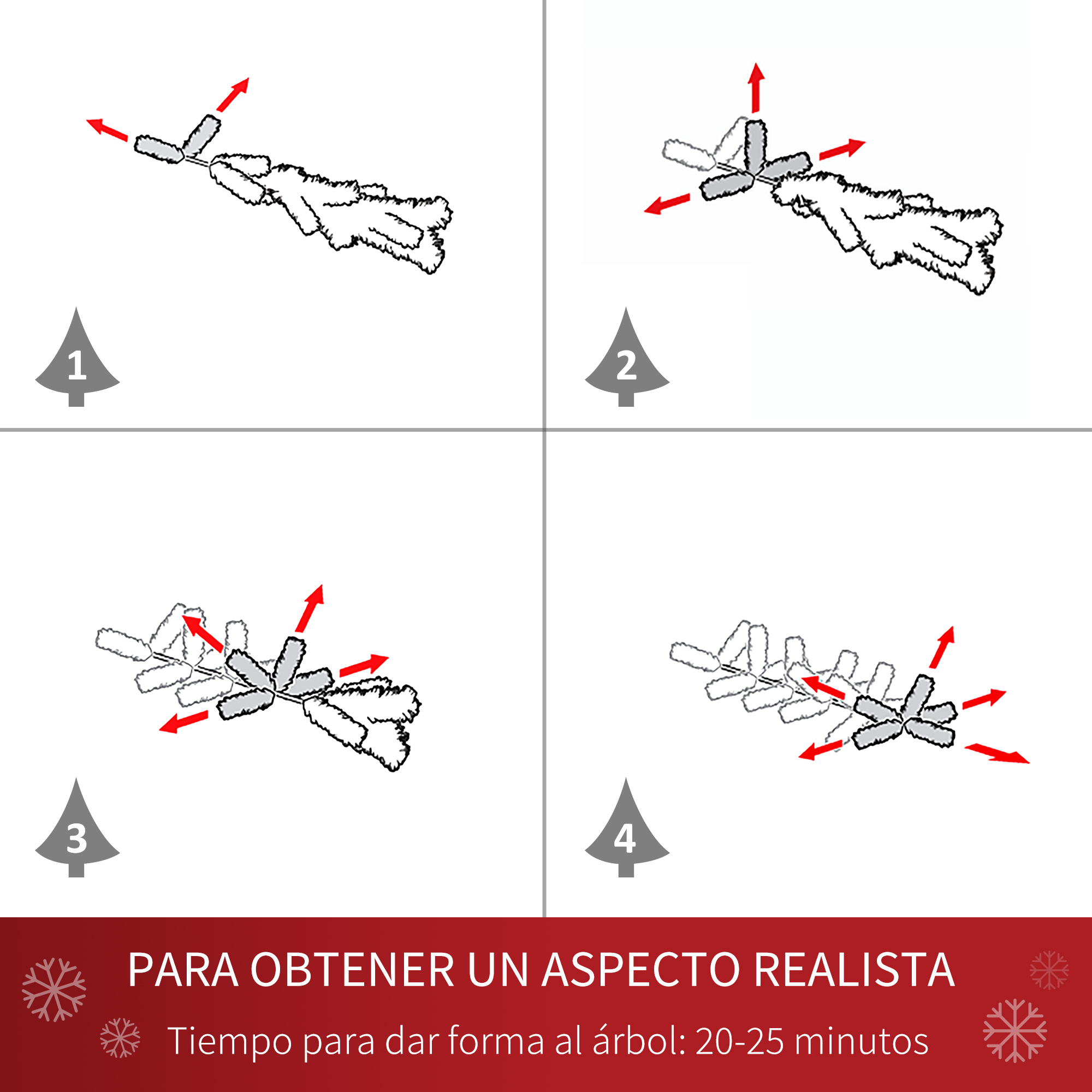 Ilustraciones de cómo dar forma a un árbol de Navidad para lograr una apariencia realista.
