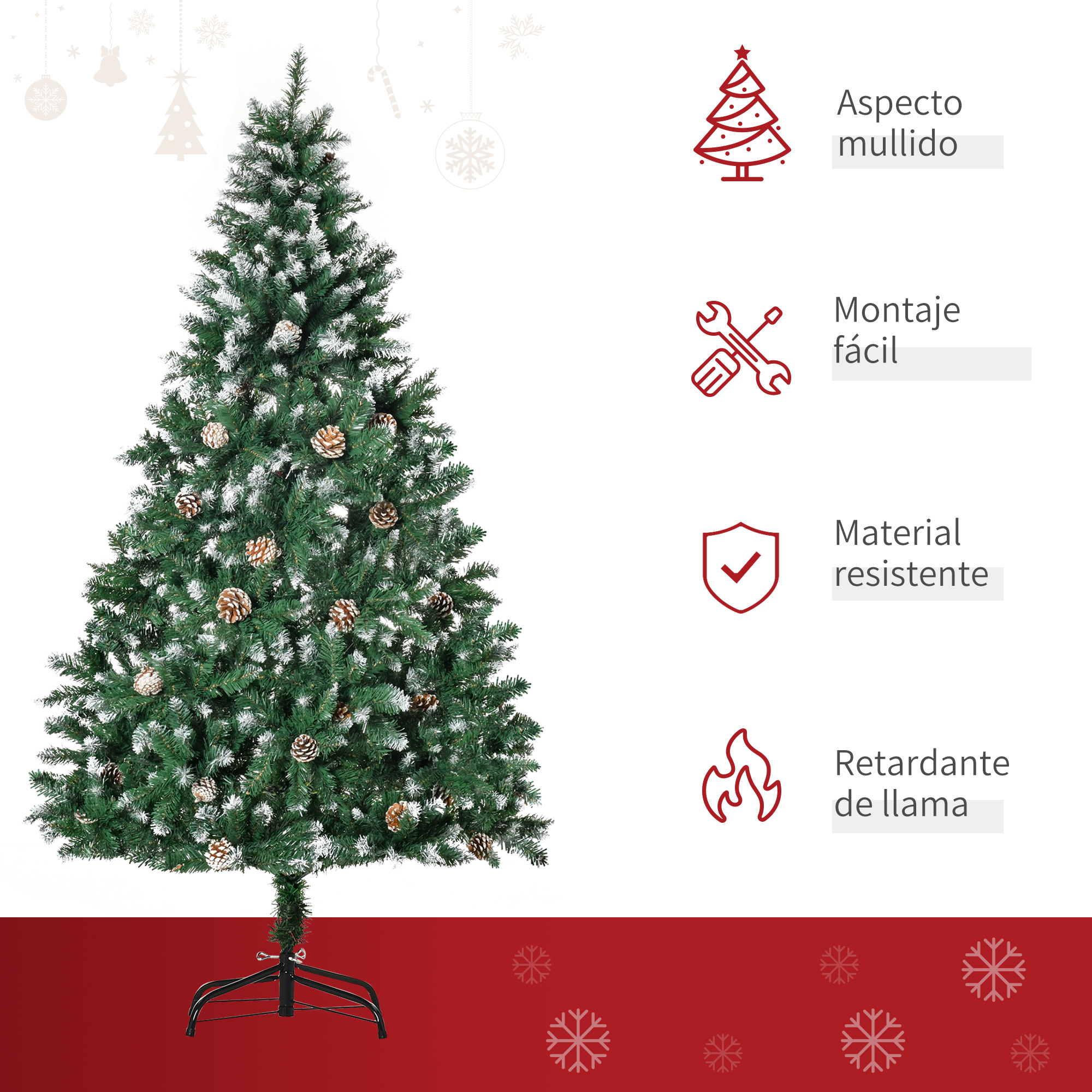 Árbol de Navidad con adornos, fondo rojo y blanco.