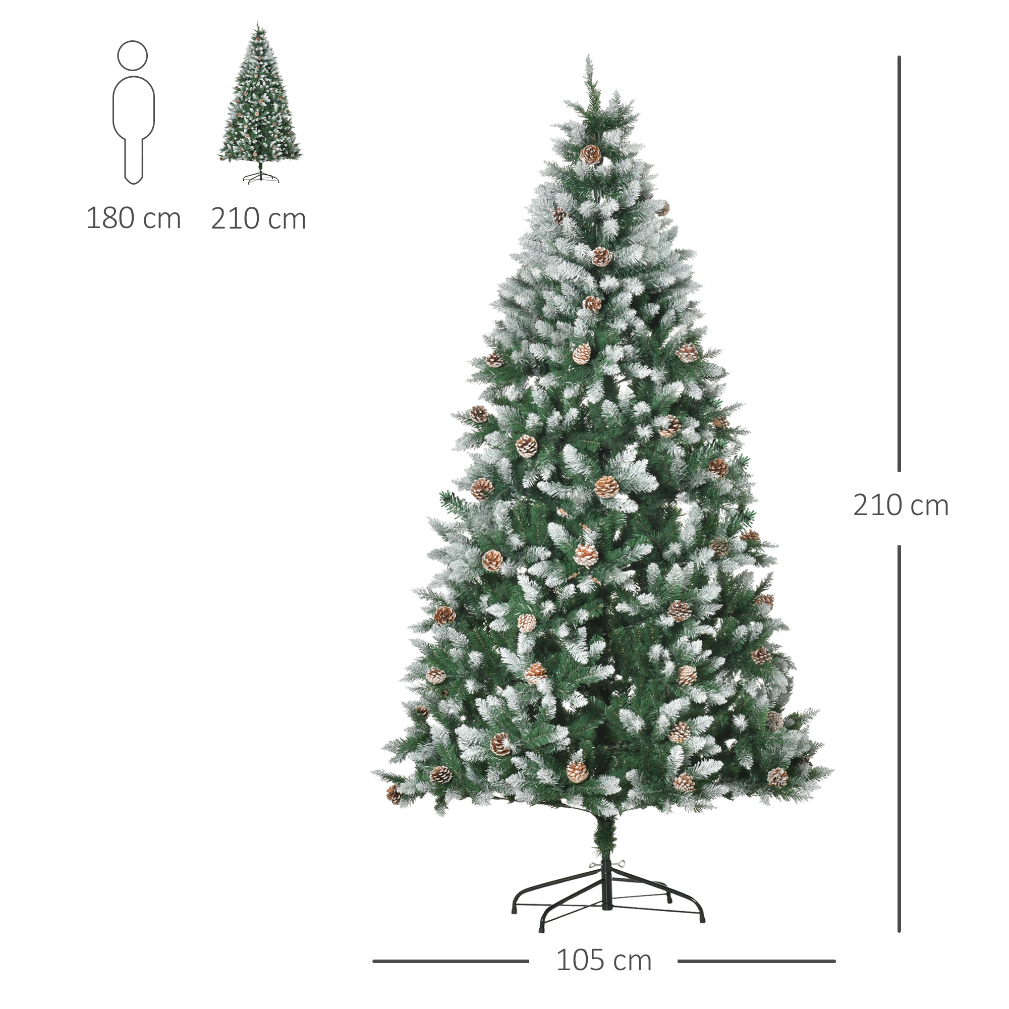 Un árbol de Navidad nevado con piñas, con dimensiones de 210 cm de alto y 105 cm de ancho.