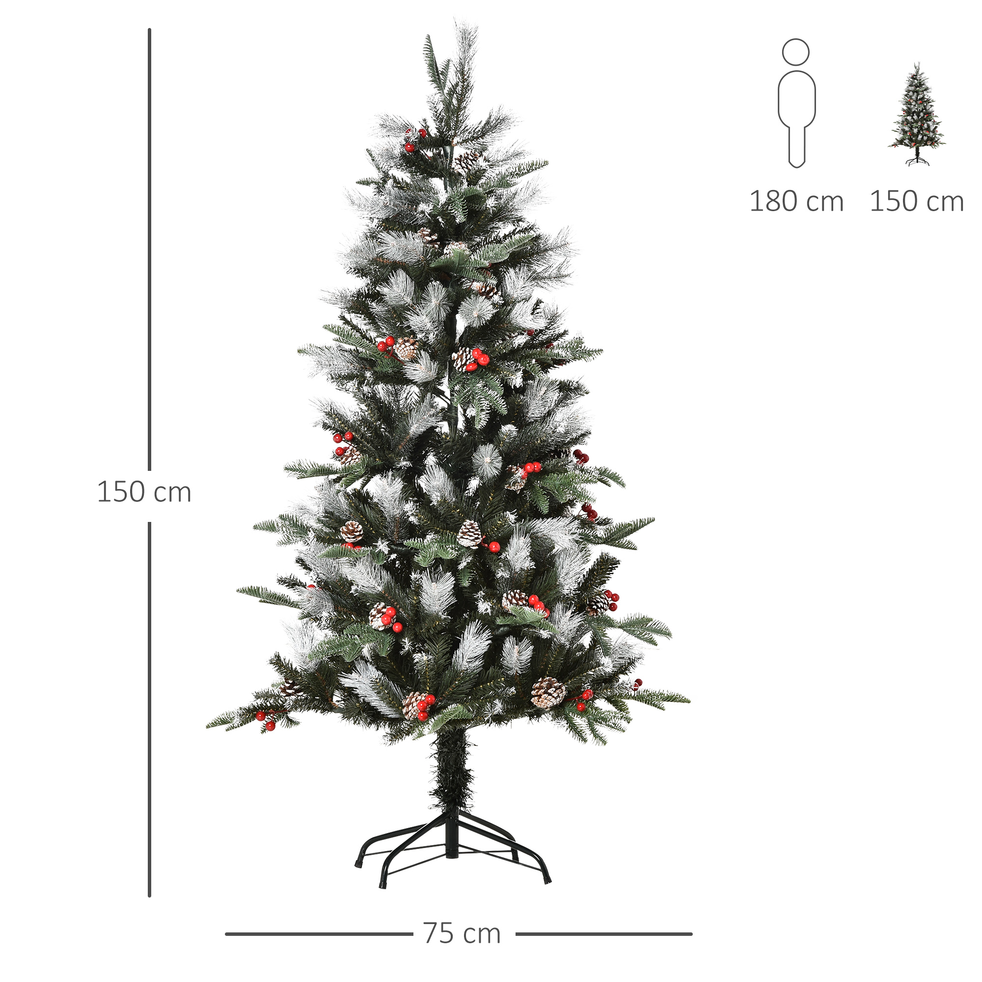 Árbol de Navidad cubierto de nieve con adornos y dimensiones. Icono de árbol más pequeño y un icono de persona de 180 cm.