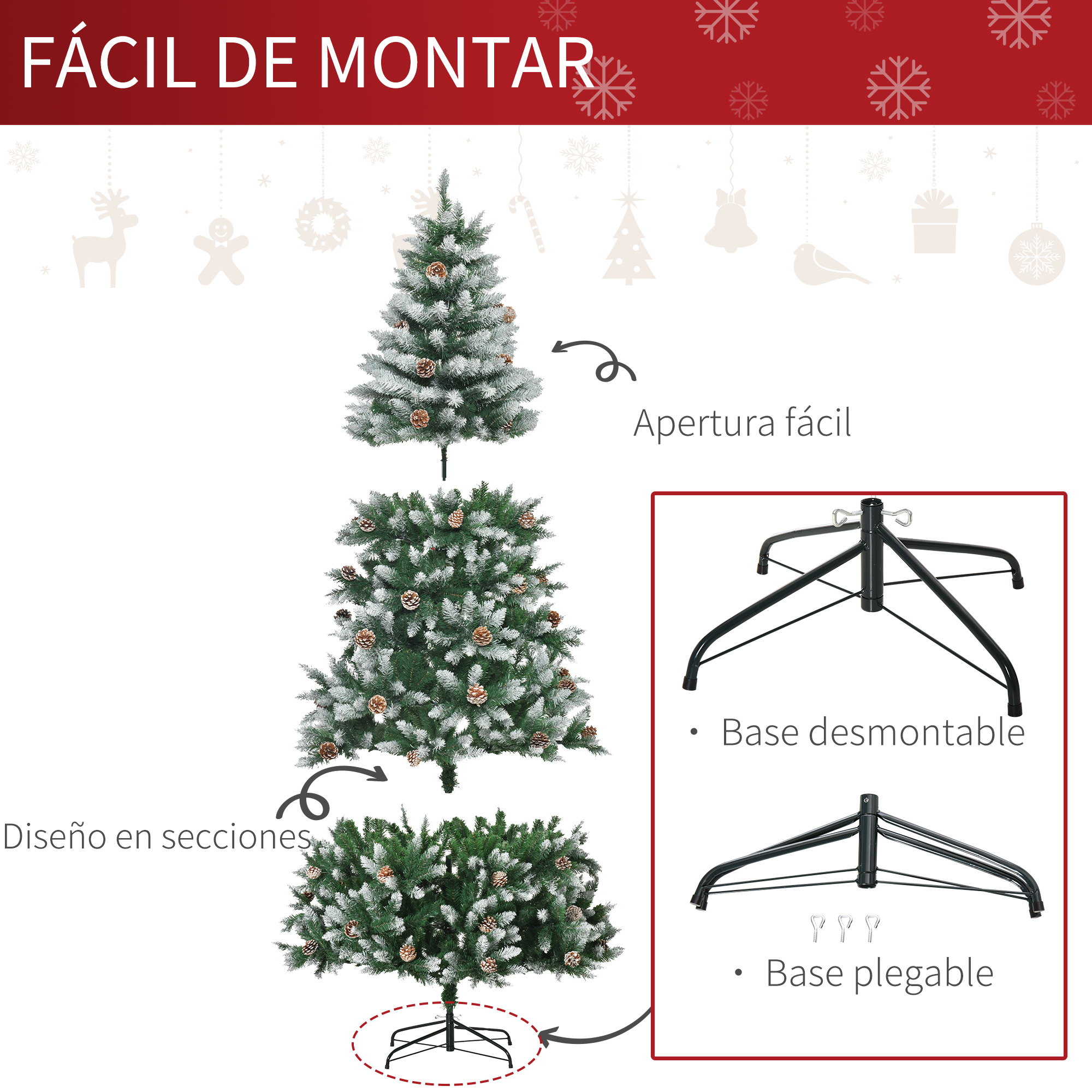 Diagrama de árbol de Navidad seccionado con base desmontable y apertura fácil.