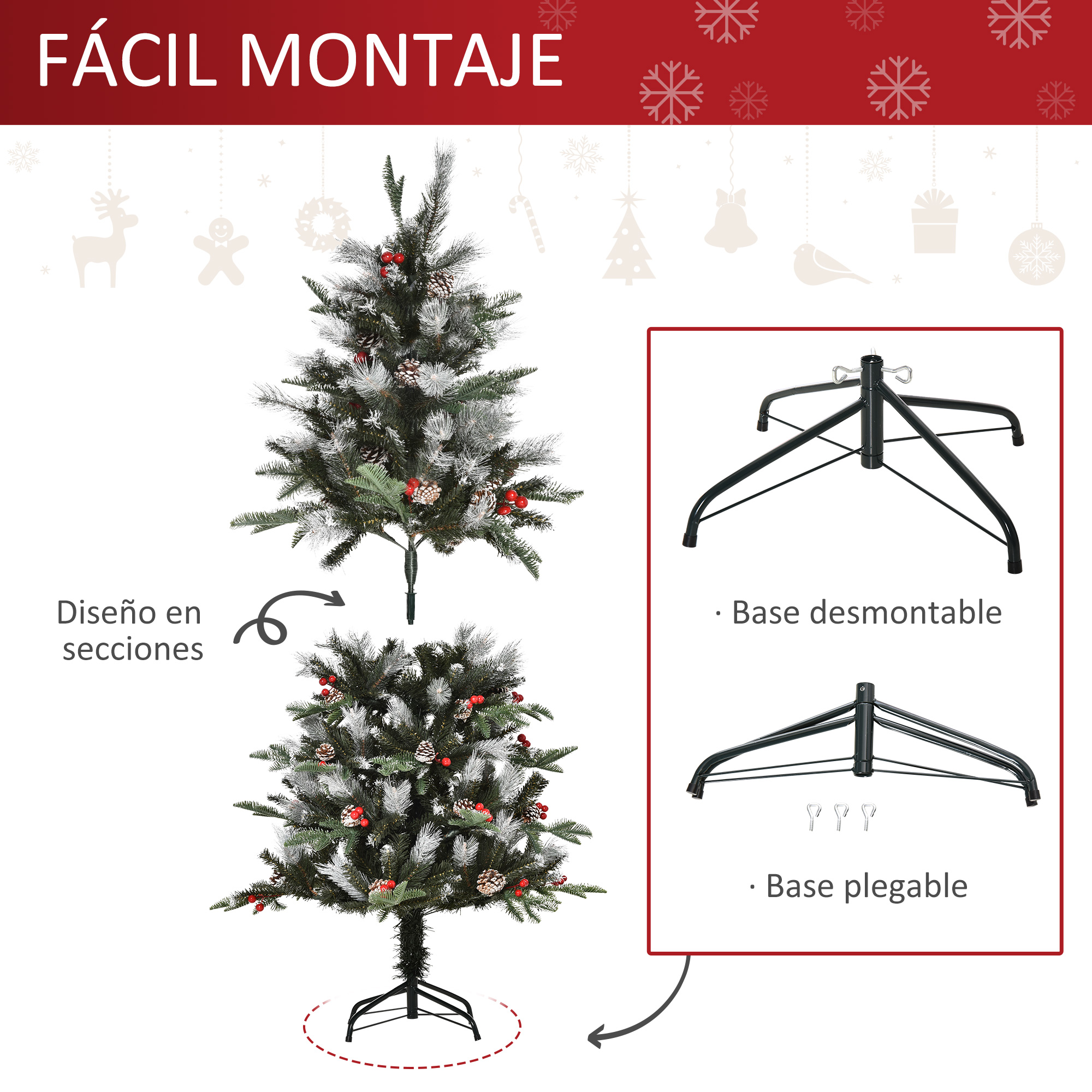 Árbol de Navidad con nieve, bayas y base desmontable o plegable.