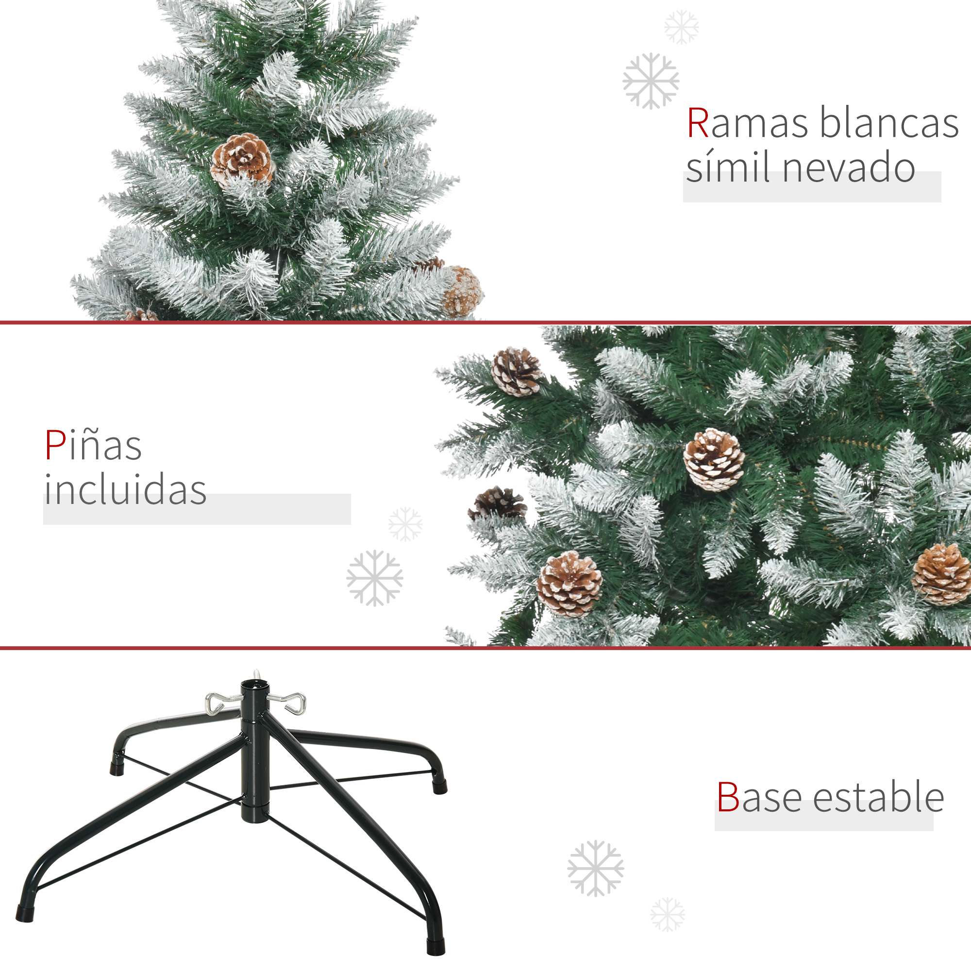 Primer plano de un árbol de Navidad con ramas nevadas y piñas.