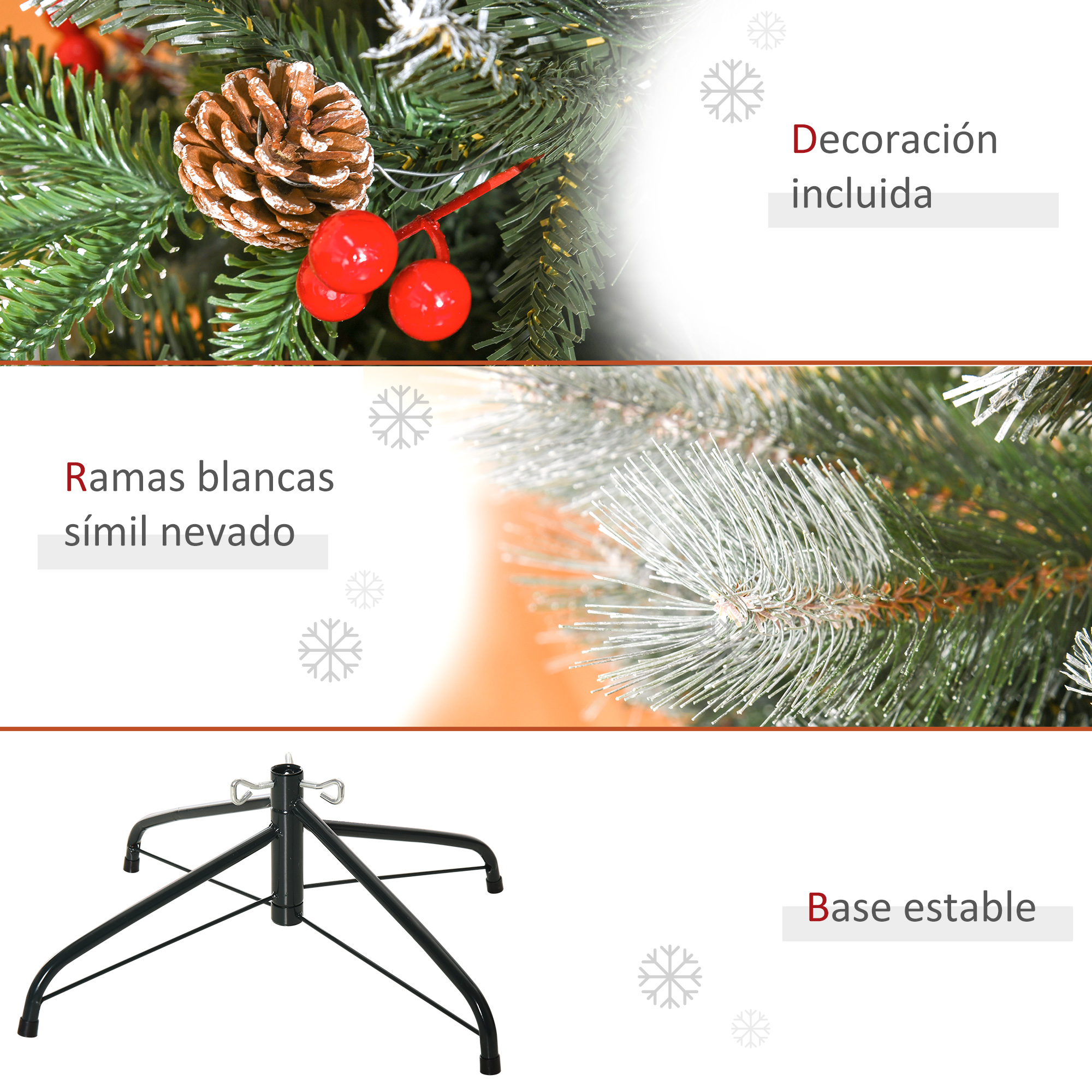 Detalles de árbol de Navidad. Ramas blancas con nieve falsa, una piña y bayas rojas. El árbol está en una base negra.