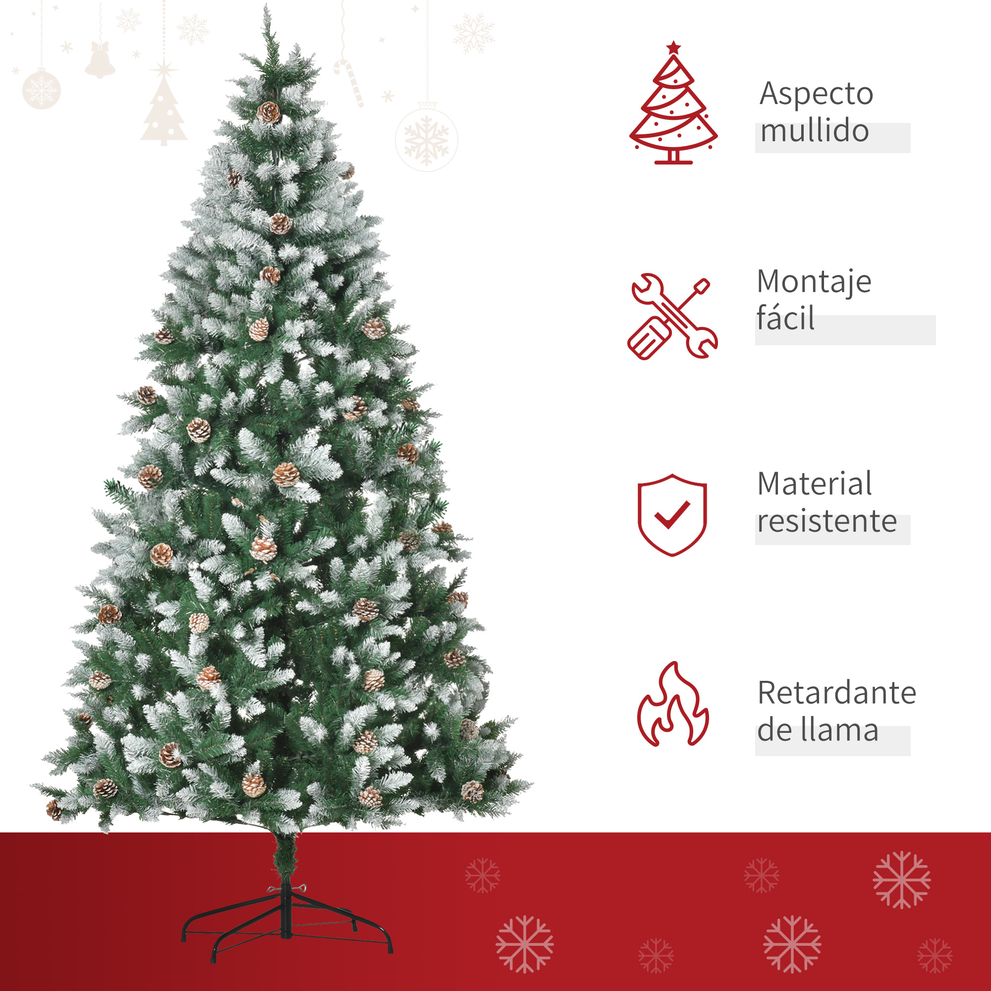 Árbol de Navidad nevado con adornos y piñas. Fondo rojo.