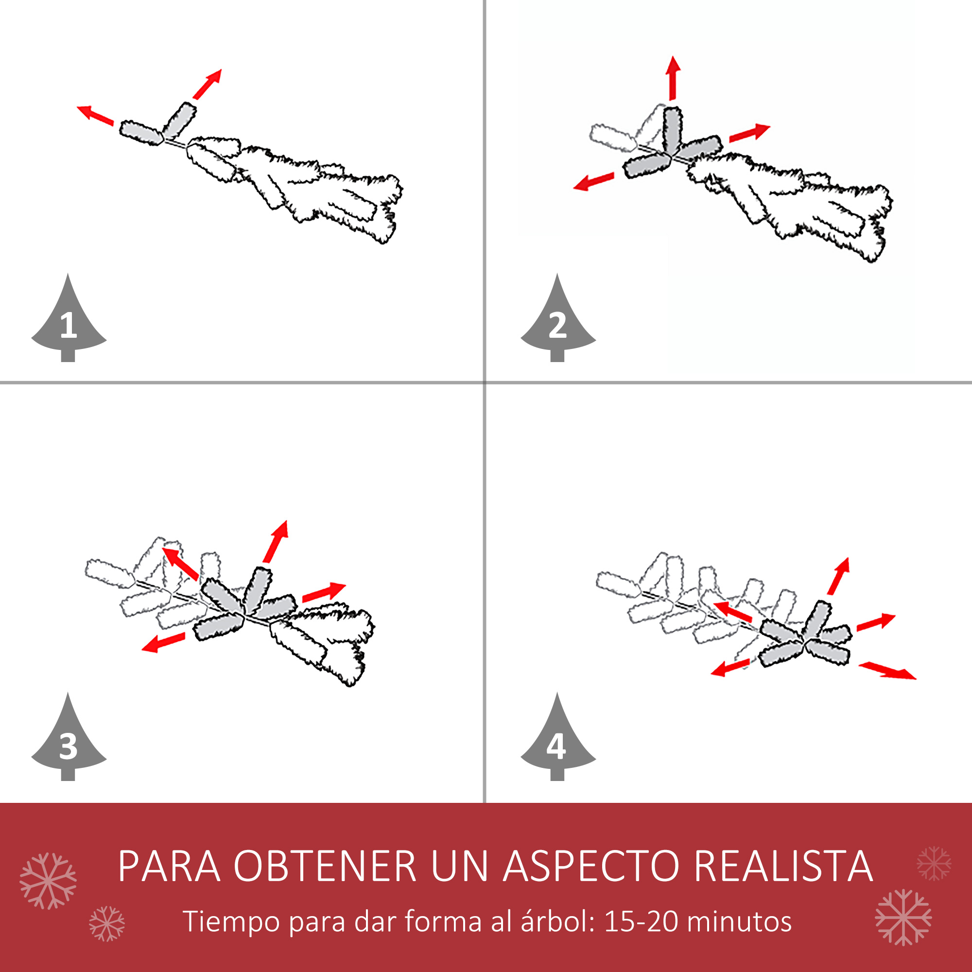 Instrucciones para montar un árbol de Navidad con pasos ilustrados numerados del 1 al 4.