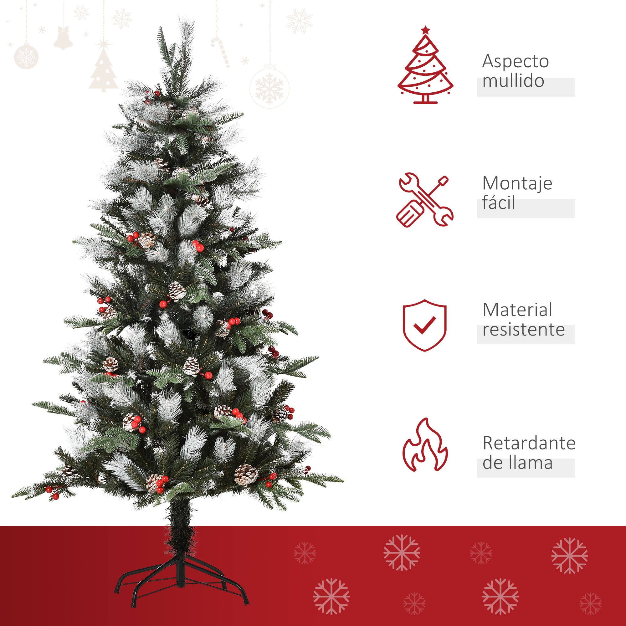 Un árbol de Navidad decorado con bayas rojas y conos. Un fondo rojo con copos de nieve.