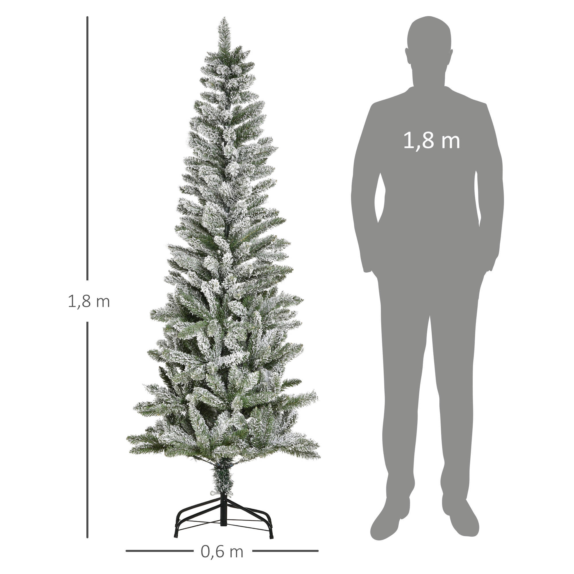 Árbol de Navidad alto, cubierto de nieve junto a una silueta de persona. El árbol mide 1,8 m de alto y 0,6 m de ancho.