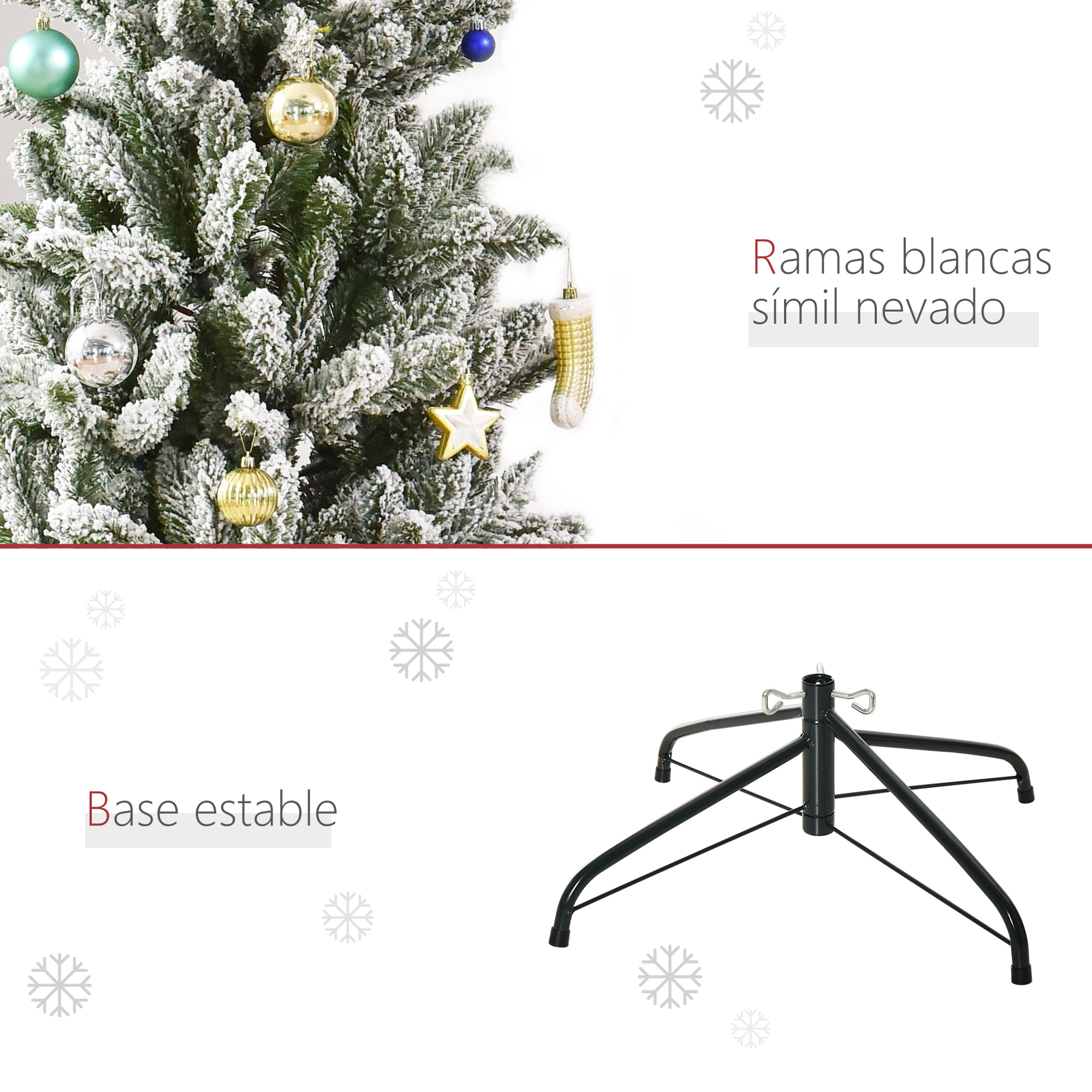 Base de árbol de Navidad con ramas blancas nevadas, adornos y base estable.