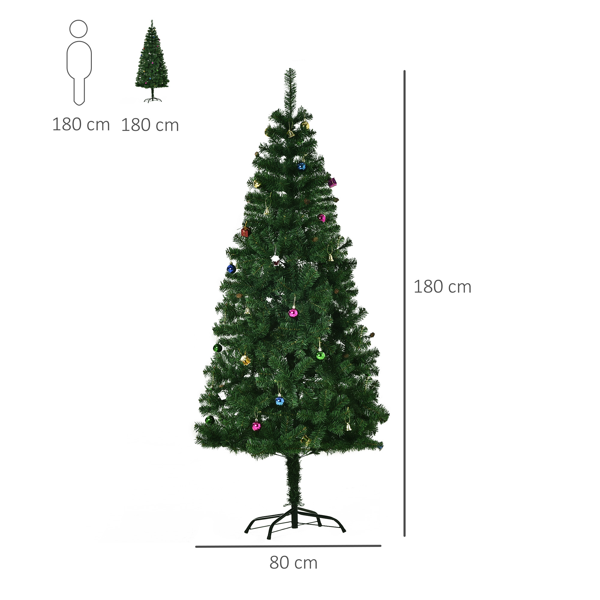 Un árbol de Navidad artificial alto con adornos coloridos, de 180 cm de altura.