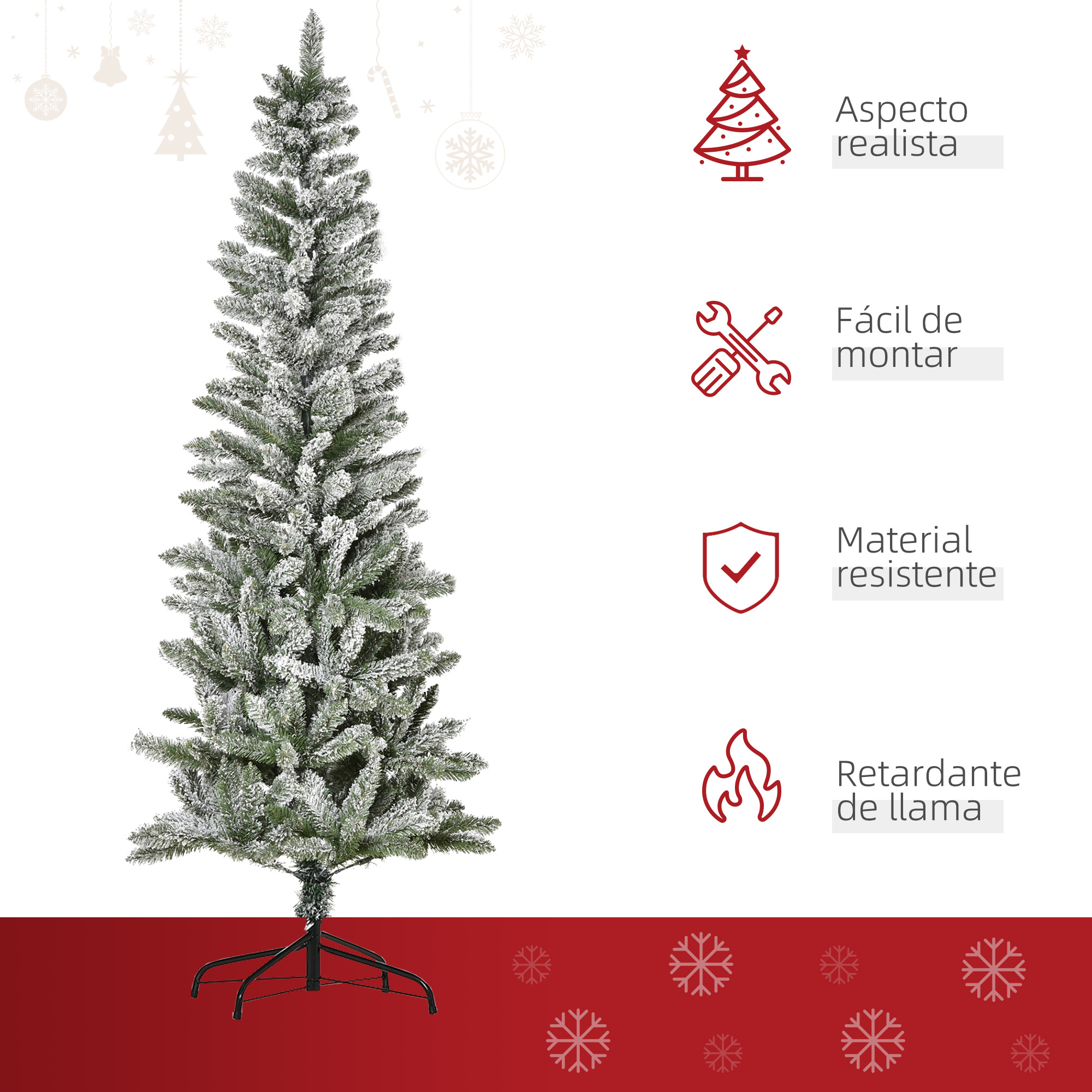 Árbol de Navidad alto y nevado con iconos que indican aspecto realista y fácil montaje.