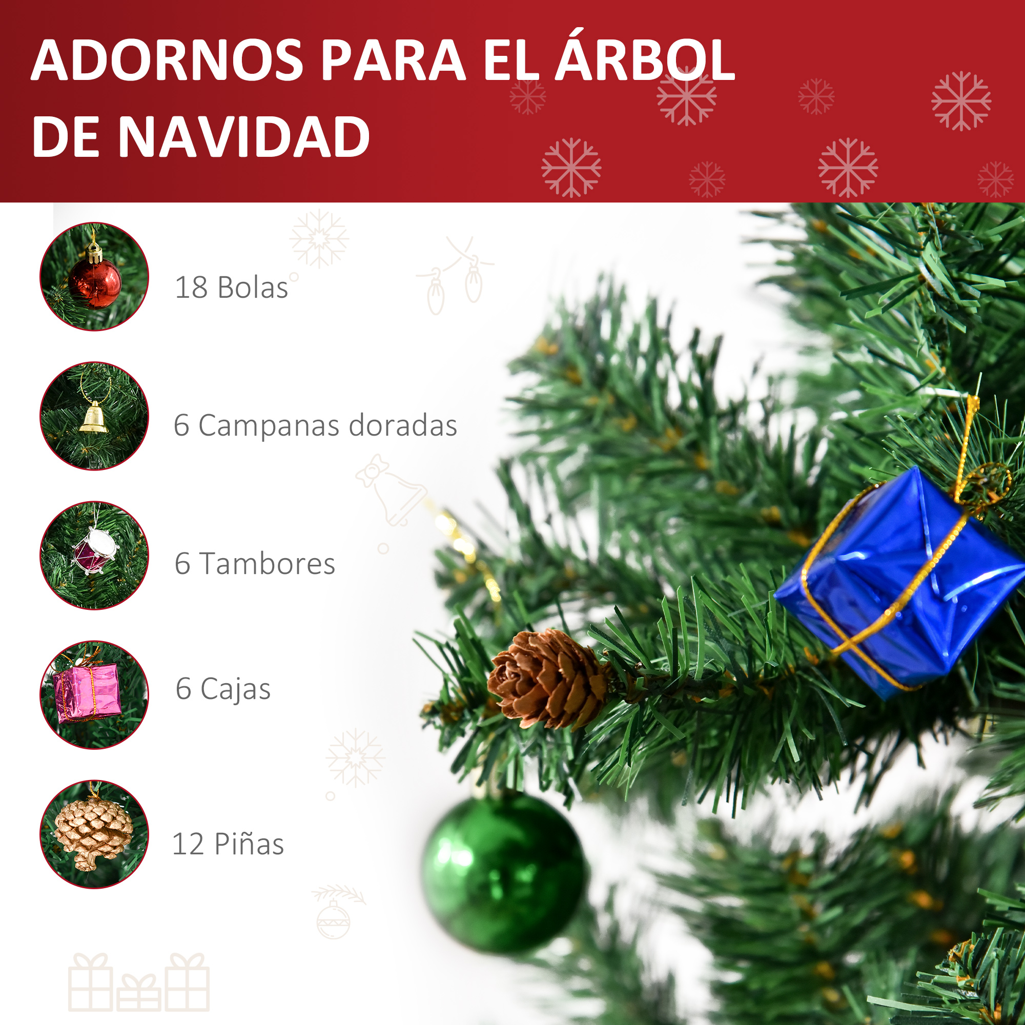 Adornos navideños: bolas, campanas, tambores, cajas de regalo y piñas en árbol verde.