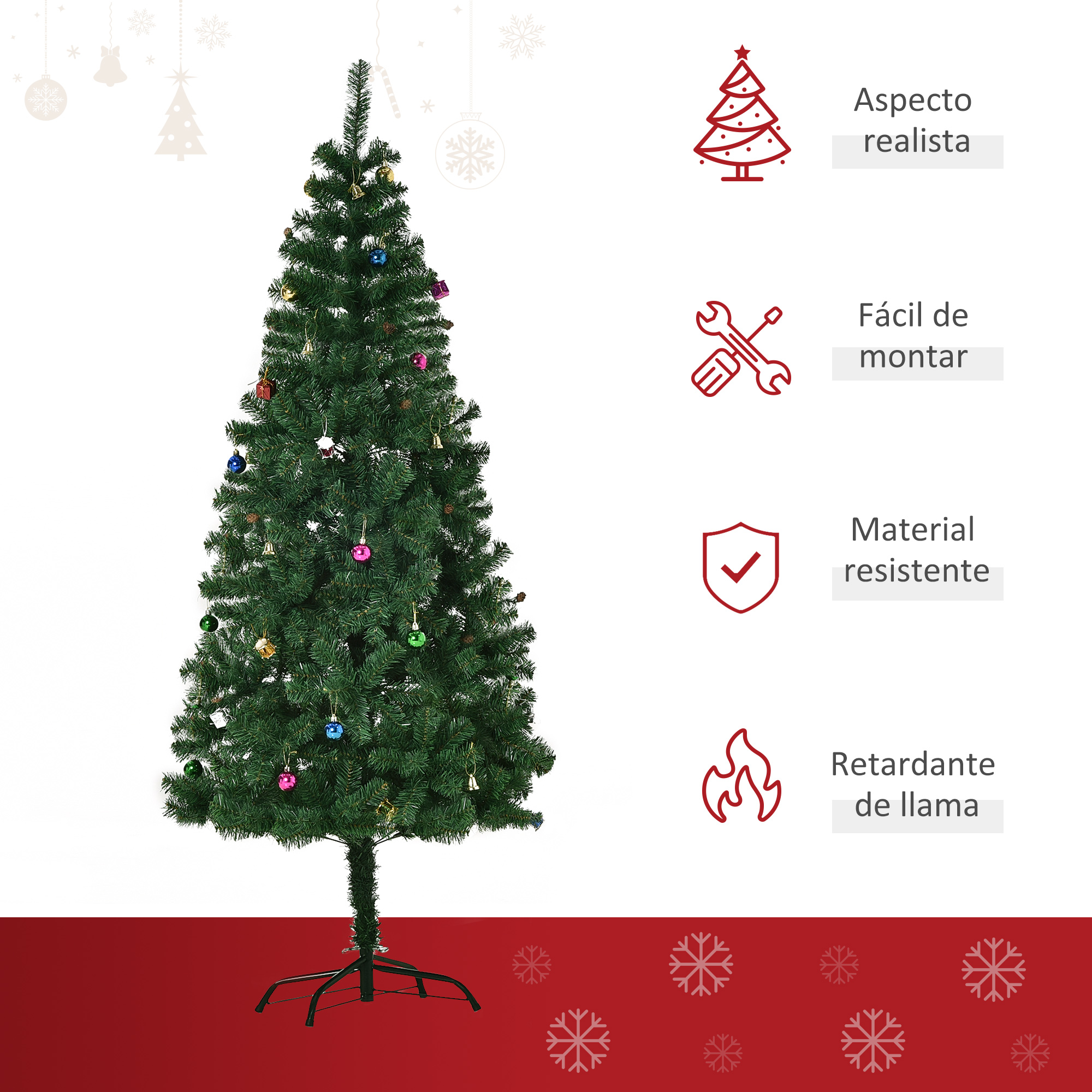 Un árbol de Navidad verde con adornos e iconos que indican características.