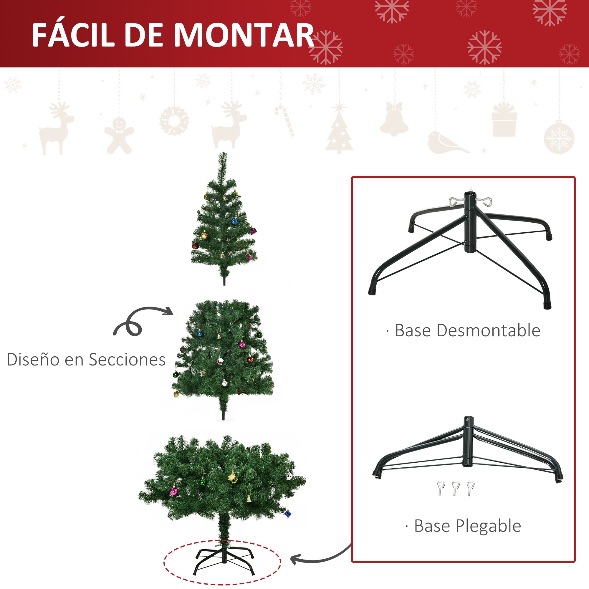 Diagrama muestra el proceso de montaje de un árbol de Navidad, mostrando cómo conectar secciones y la base, con un fondo blanco.