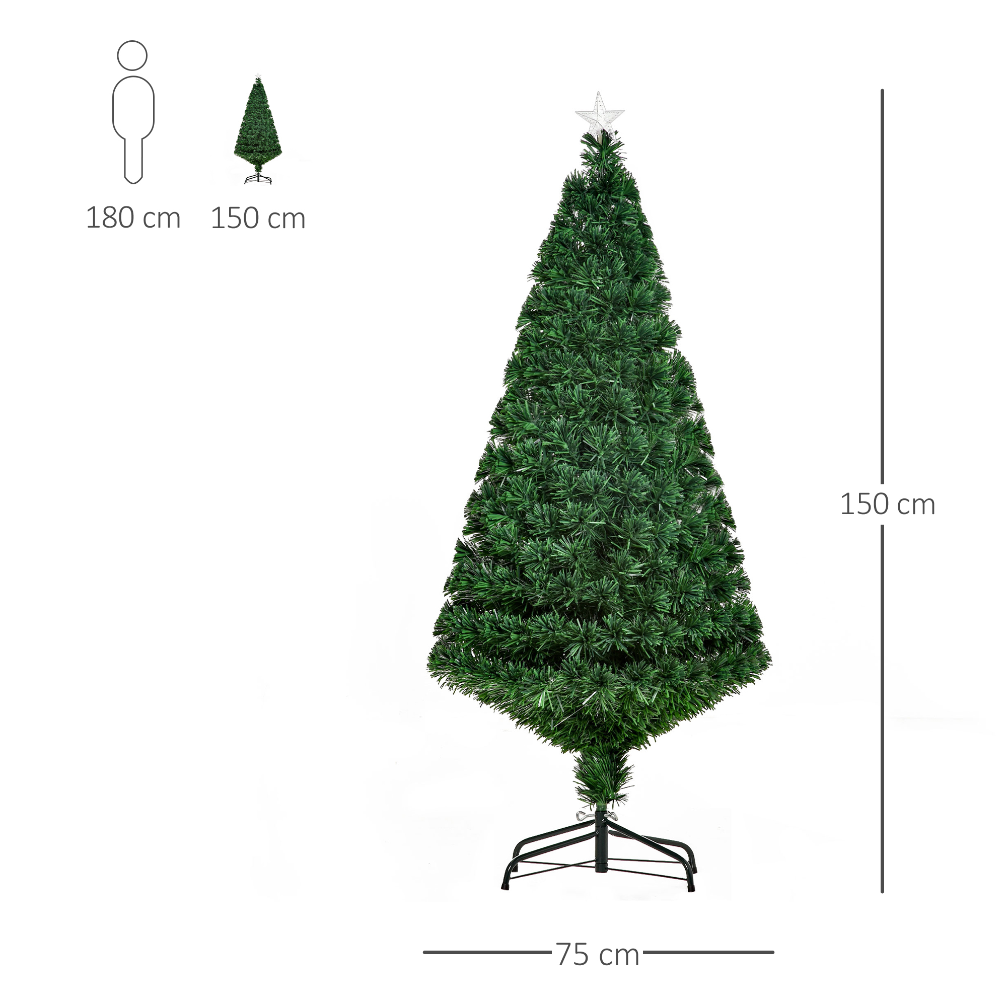 Árbol de Navidad verde, alto y estrecho, con estrella, sobre un soporte.