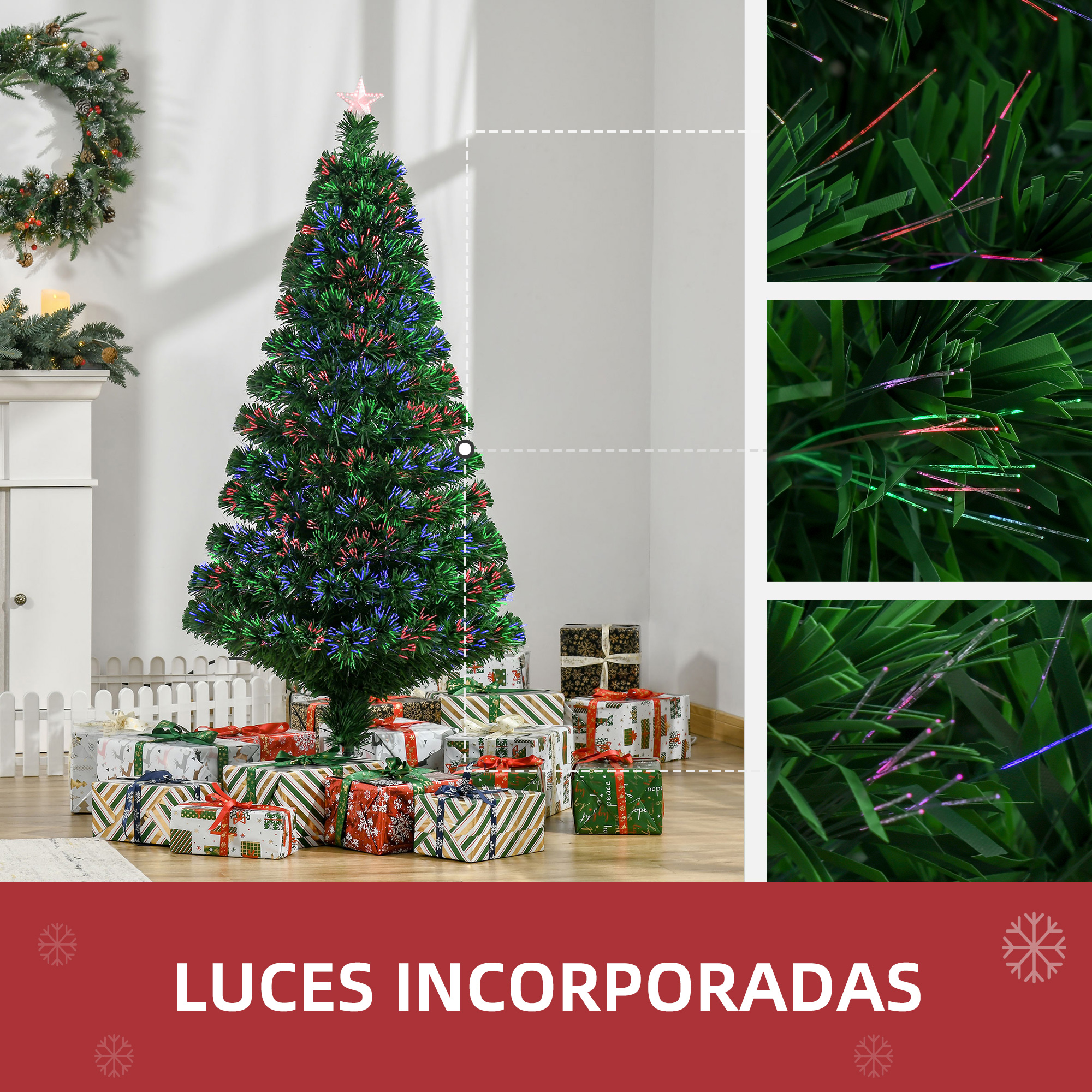 Un árbol de Navidad decorado con regalos y luces.