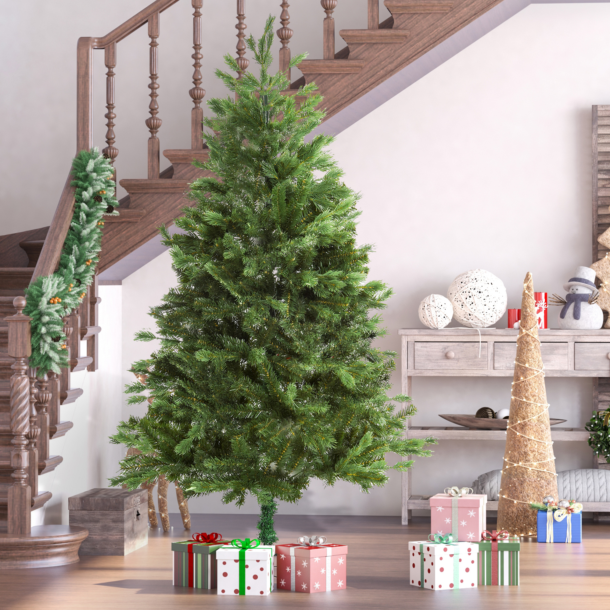Árbol de Navidad en una habitación con regalos. Escalera con guirnalda al fondo. Regalos al frente.