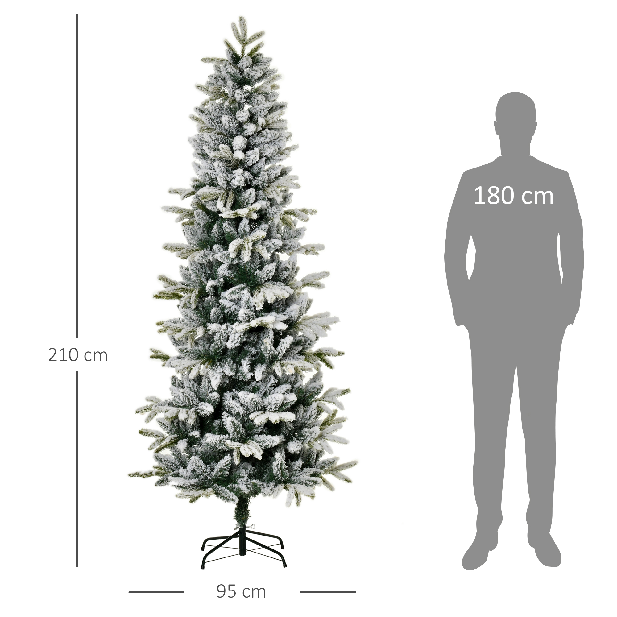 Árbol de Navidad alto con nieve, 210cm alto, sobre soporte. Se muestra una silueta de persona.
