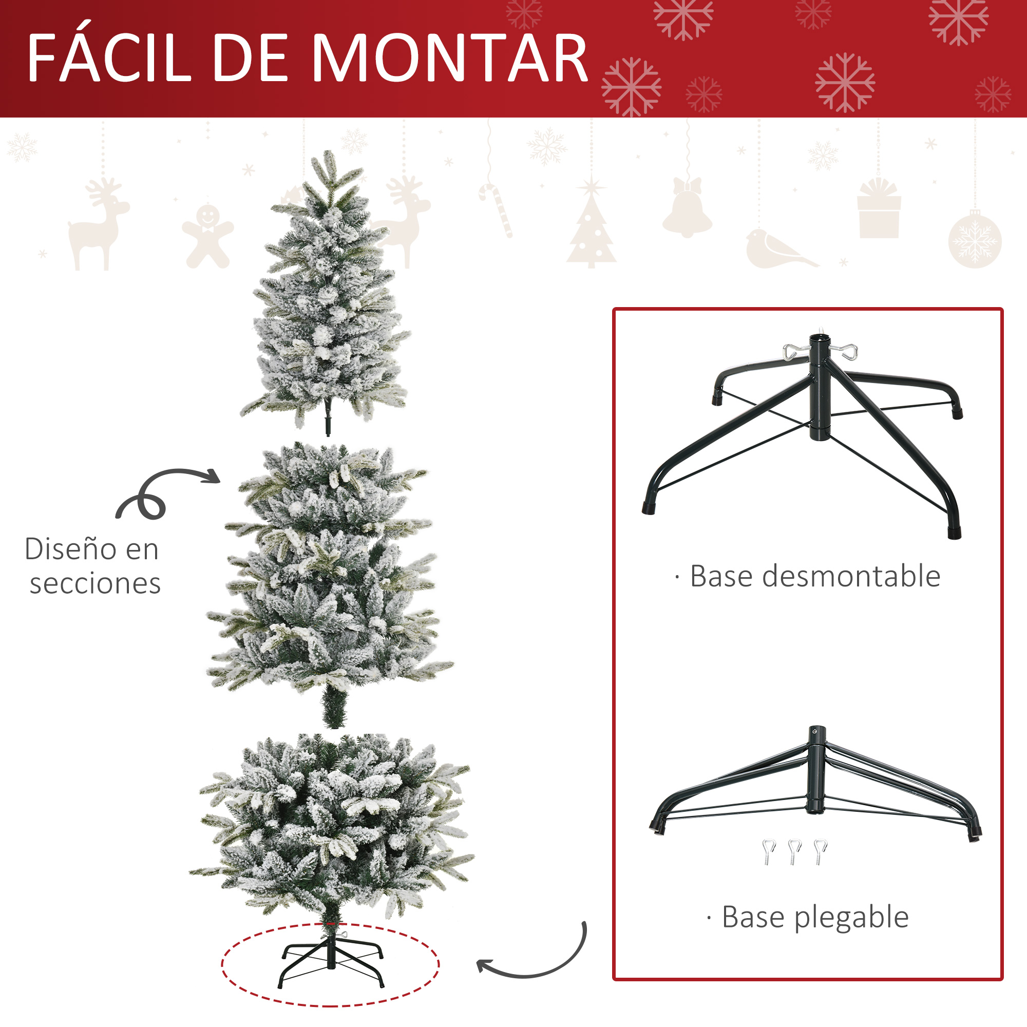 Árbol de Navidad, diseño seccional; detalles de la base, fácil montaje.