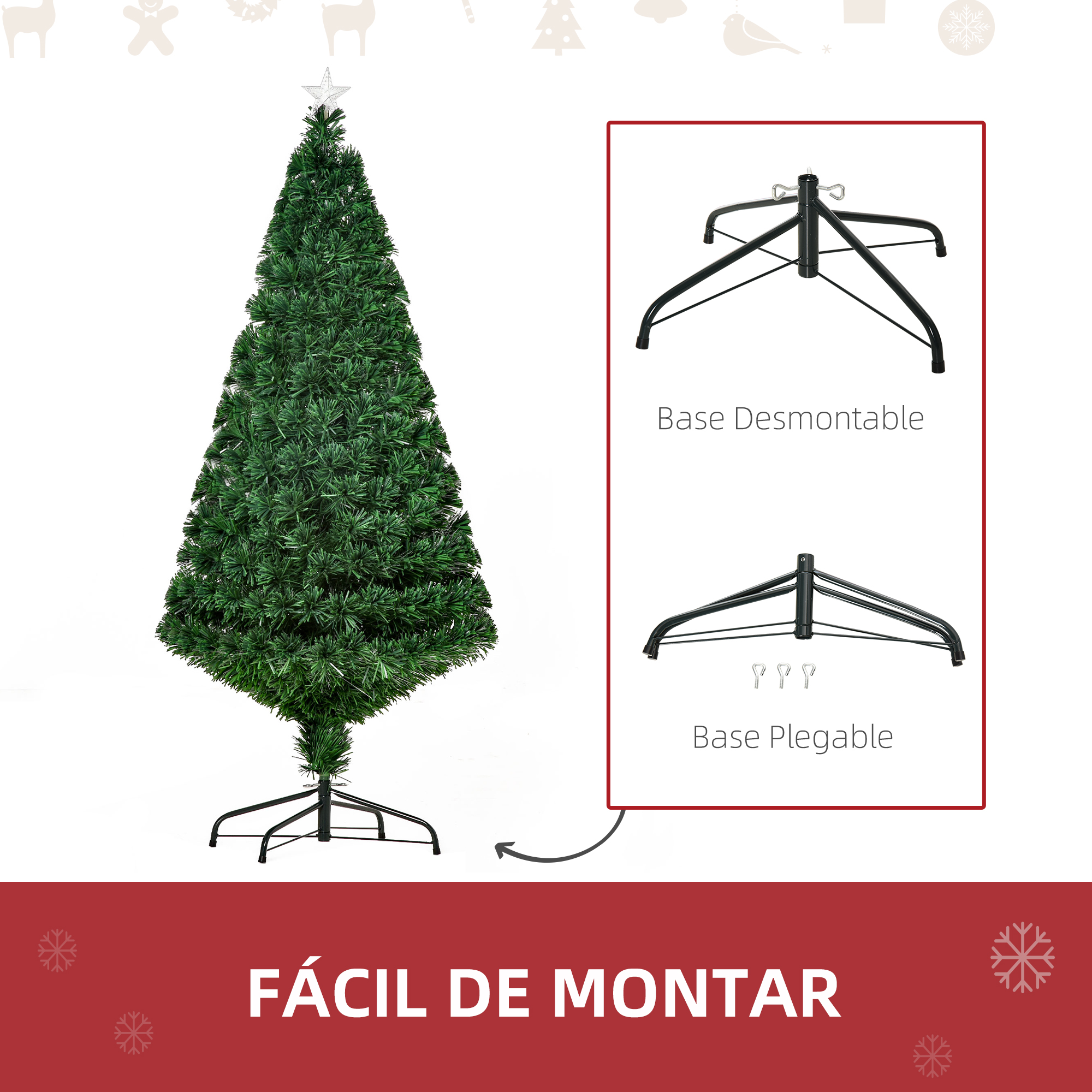 Árbol de Navidad verde con una estrella en la parte superior, fácil de montar. Incluye una base plegable.