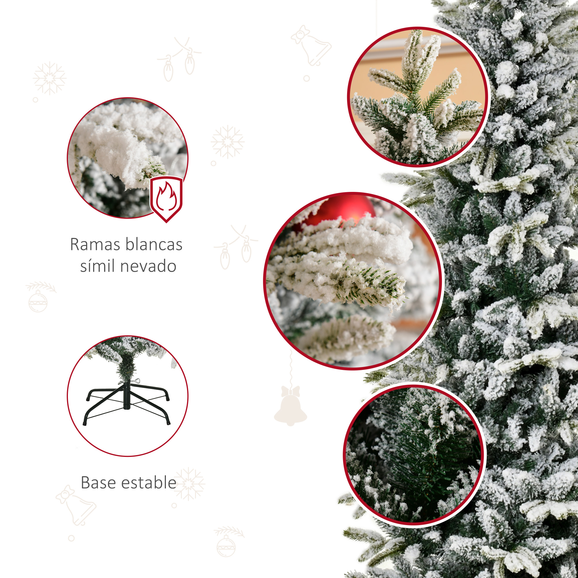 Primer plano de un árbol de Navidad nevado. Detalles de ramas, base y efecto nevado.