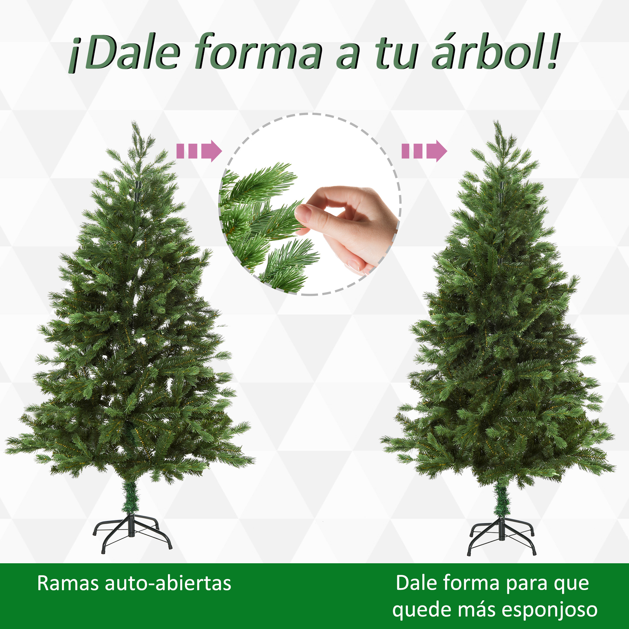 Se muestran dos árboles de Navidad, uno con las ramas abiertas y otro que necesita ser moldeado.