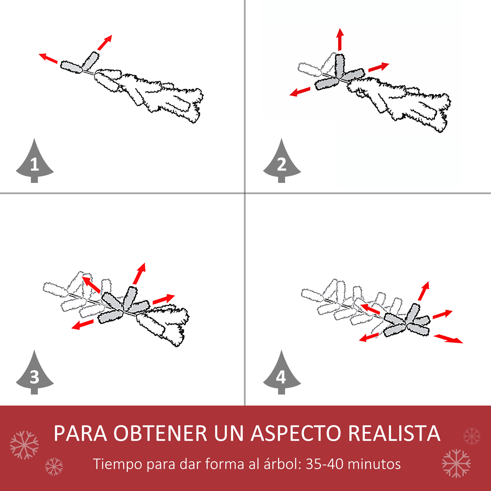 Instrucciones para dar forma a un árbol de Navidad. Cuatro pasos con flechas sobre fondo blanco.