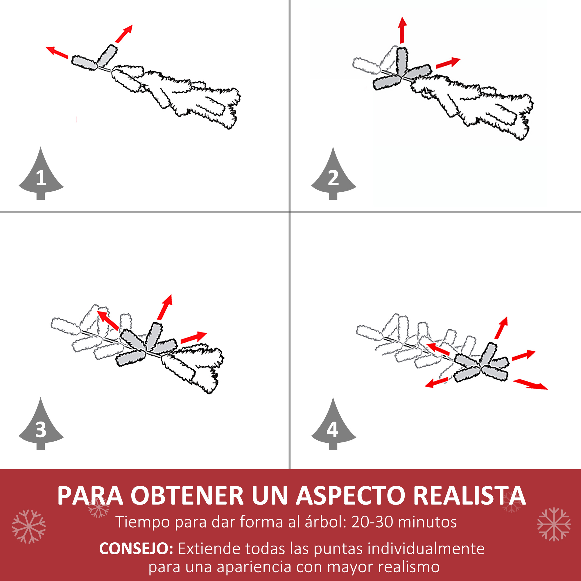 Diagramas que muestran cómo dar forma a un árbol de Navidad. Las flechas indican cómo extender las puntas del árbol para el realismo.
