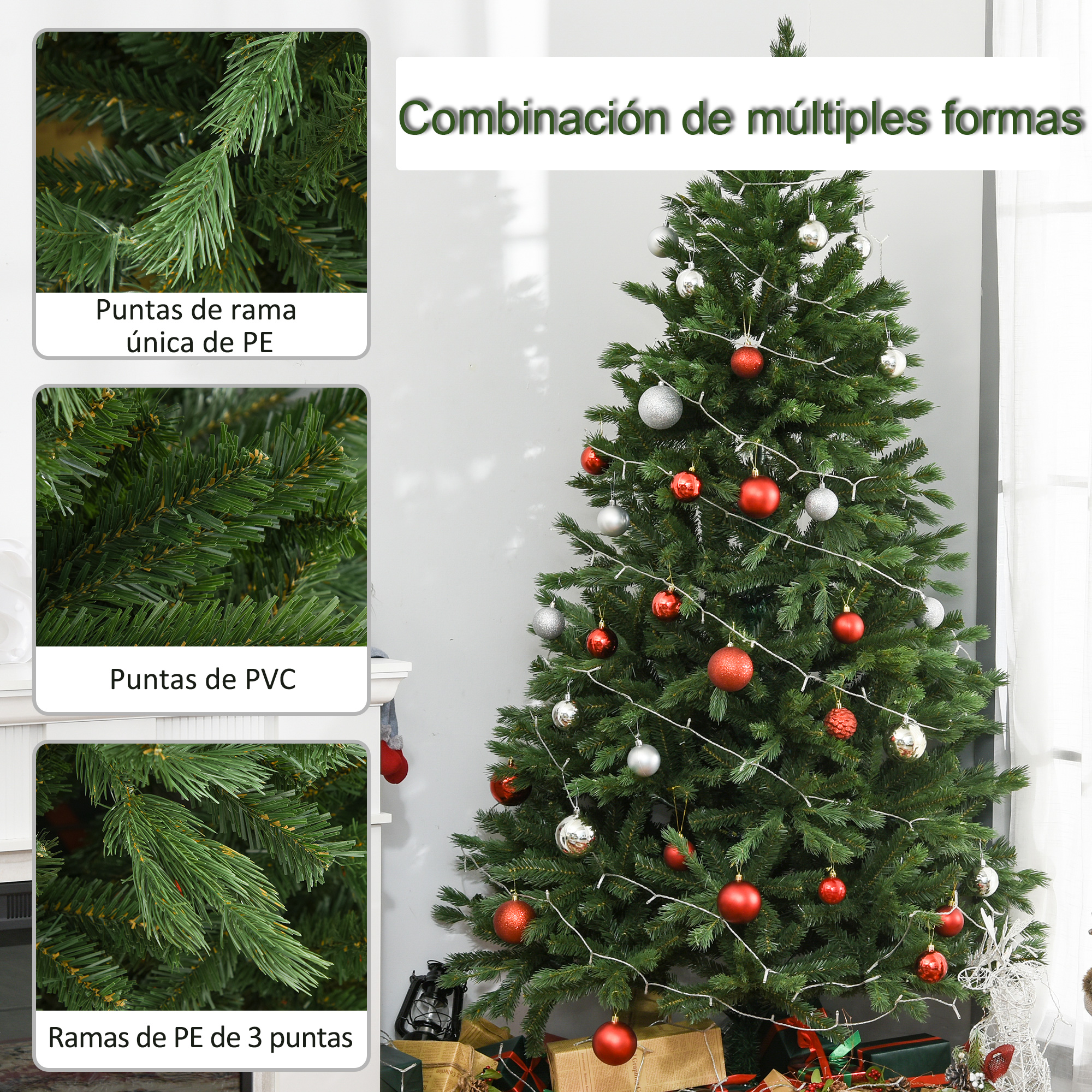 Un árbol de Navidad con varios tipos de ramas, decorado con luces y adornos.
