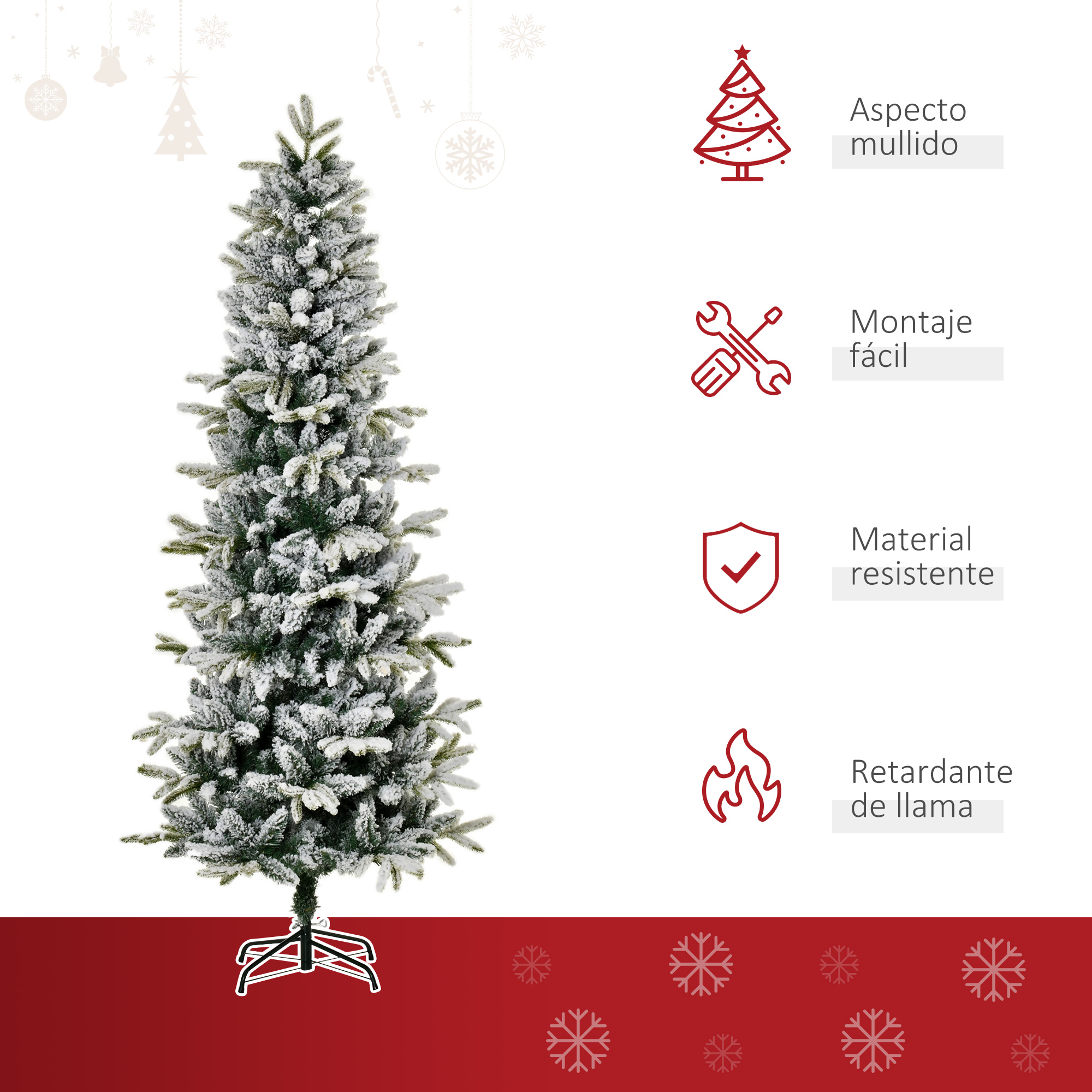 Árbol de Navidad nevado con texto: aspecto mullido, fácil montaje, material resistente, retardante de llama.