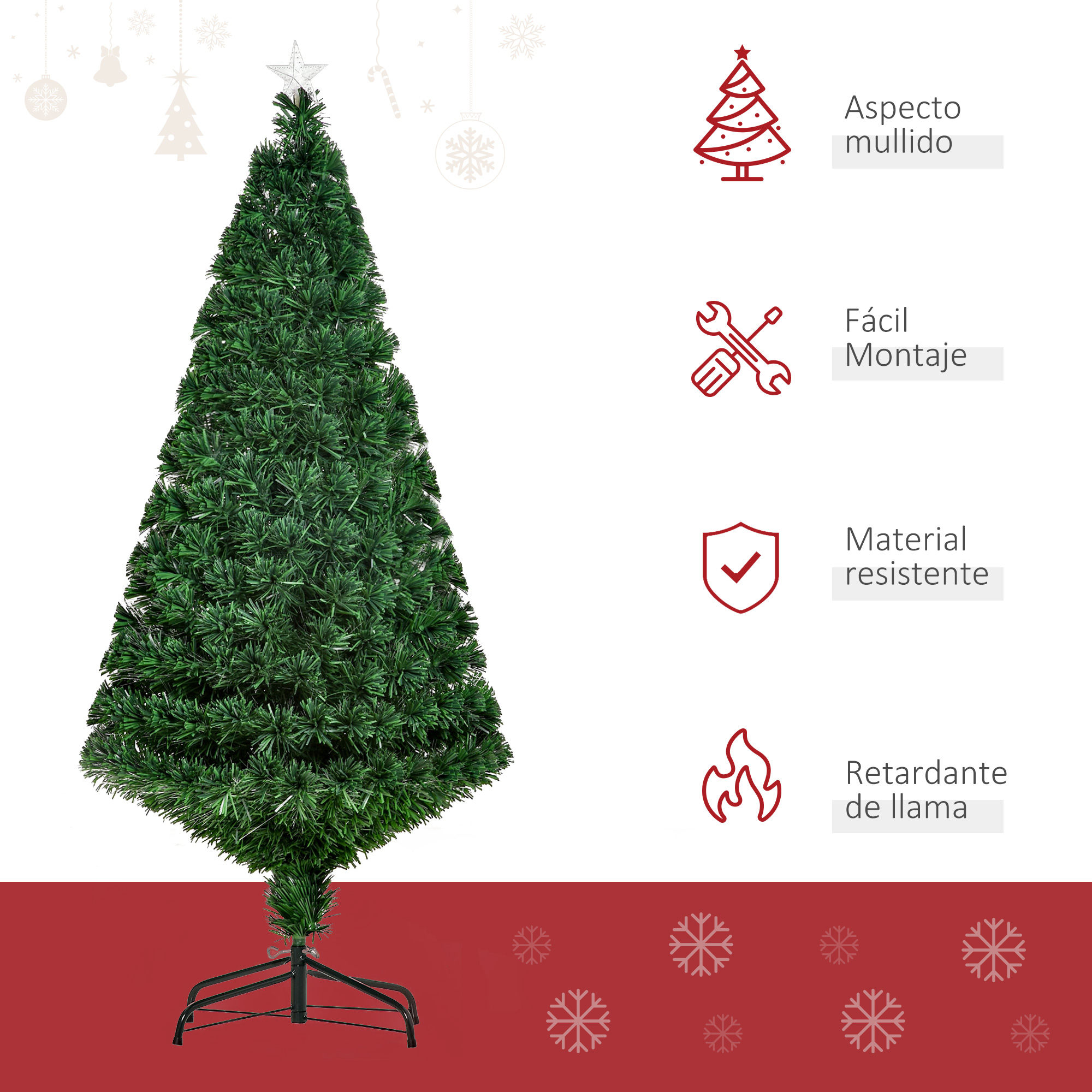 Árbol de Navidad verde con estrella, sobre soporte negro, con iconos.