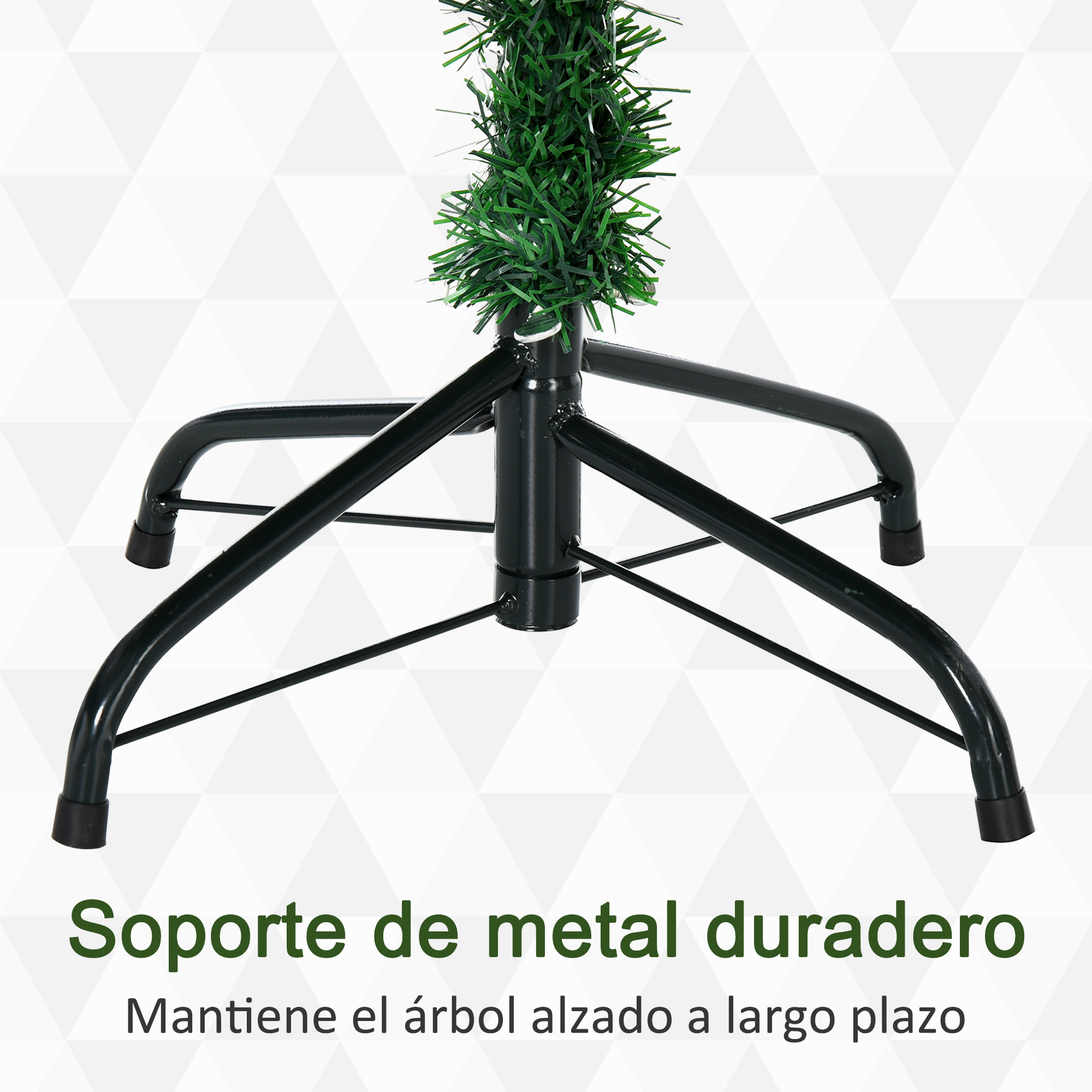 Primer plano de un soporte de árbol de Navidad de metal verde con un diseño robusto.