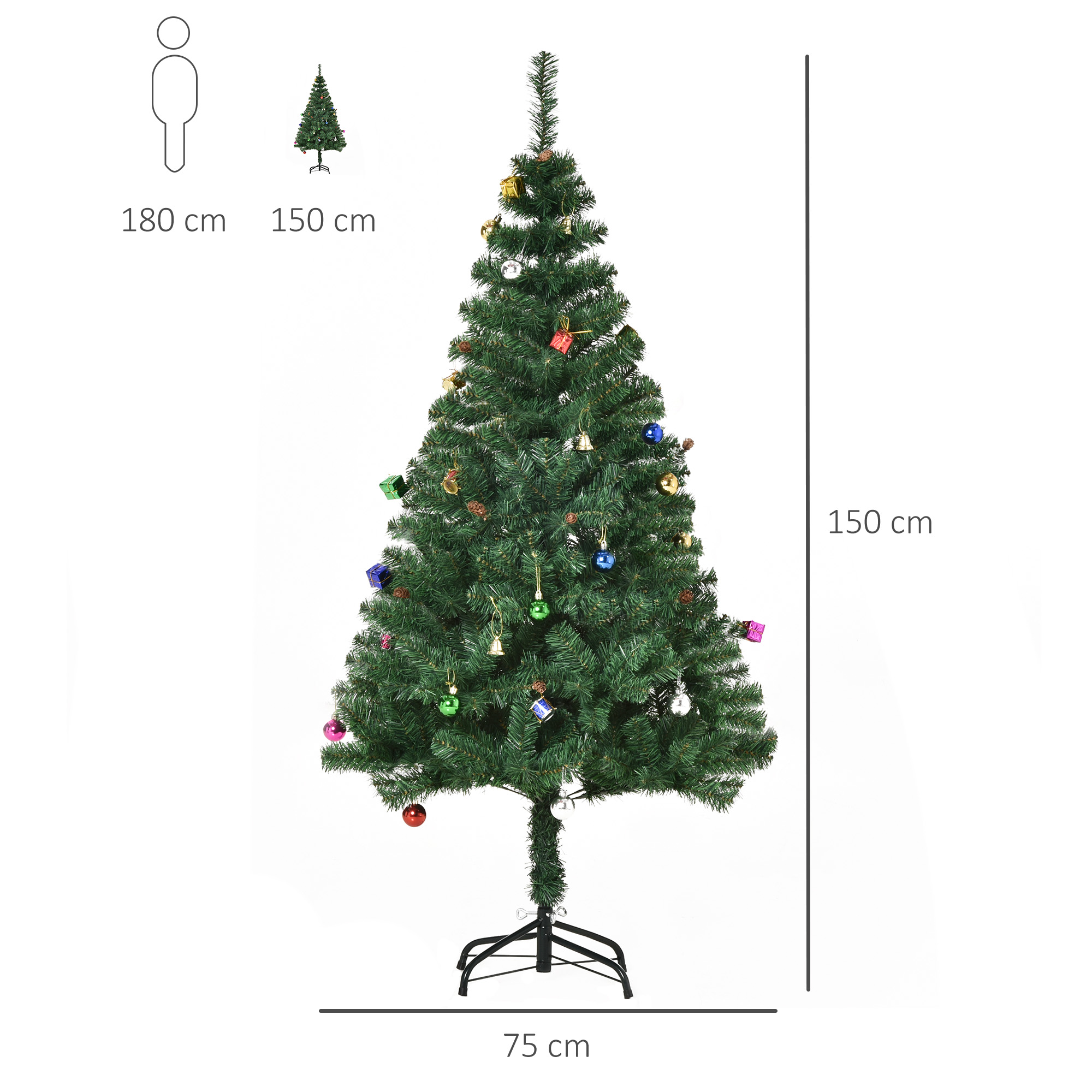 Árbol de Navidad verde, decorado, con una persona para comparación de altura.