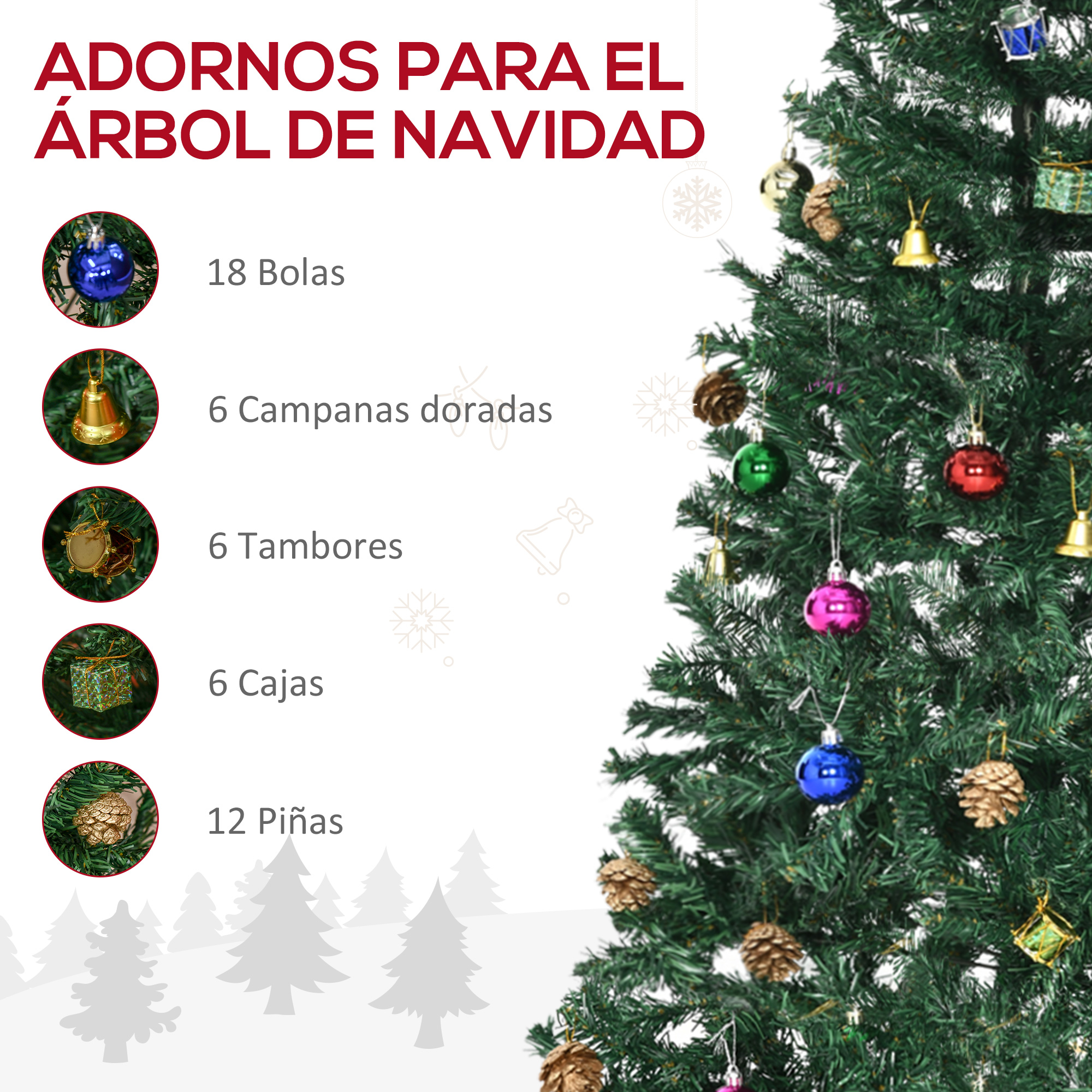 Adornos de árbol de Navidad: bolas, campanas, tambores, cajas y piñas. El texto etiqueta cada artículo.