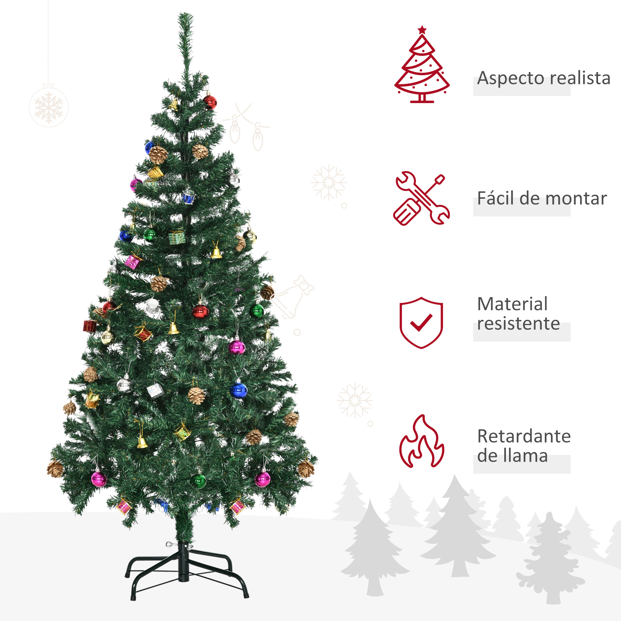 Árbol de Navidad decorado con adornos coloridos y un soporte negro. Los iconos indican características.