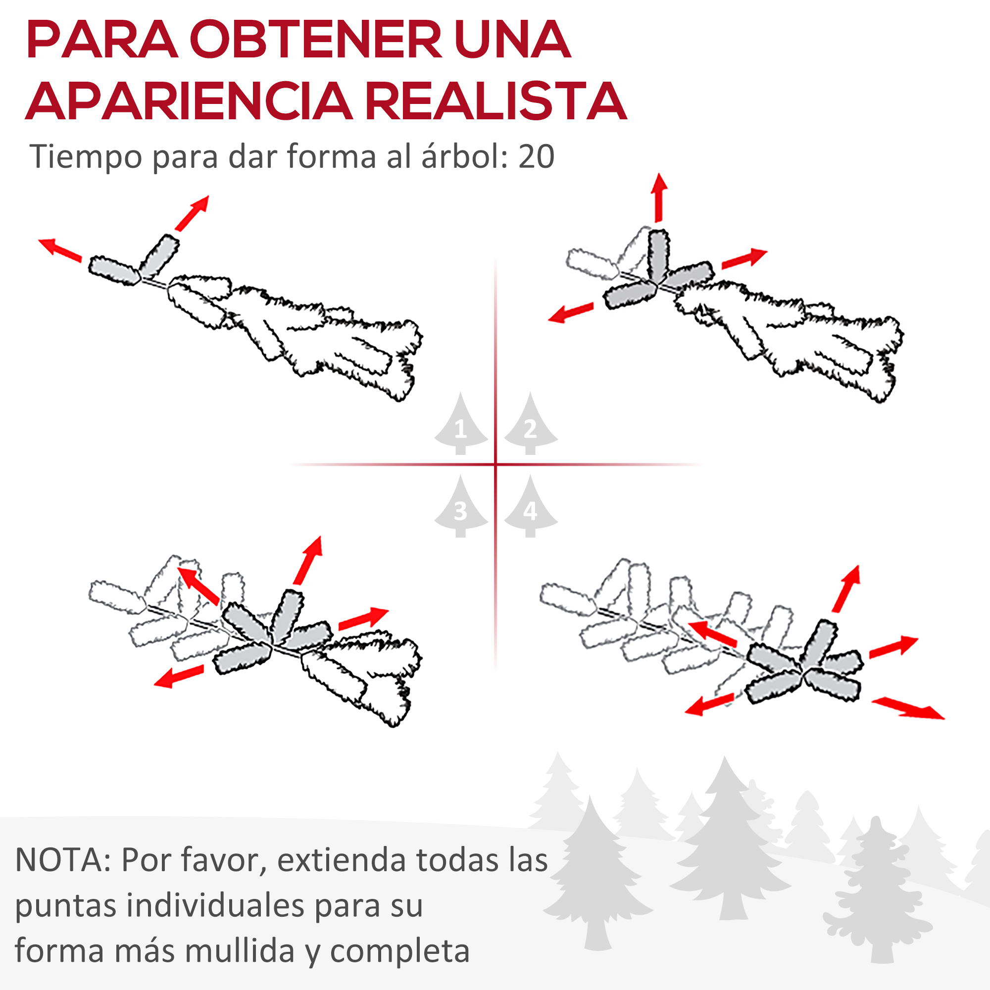 Diagrama que ilustra cómo dar forma a un árbol de Navidad, con flechas que muestran los ajustes de las ramas.