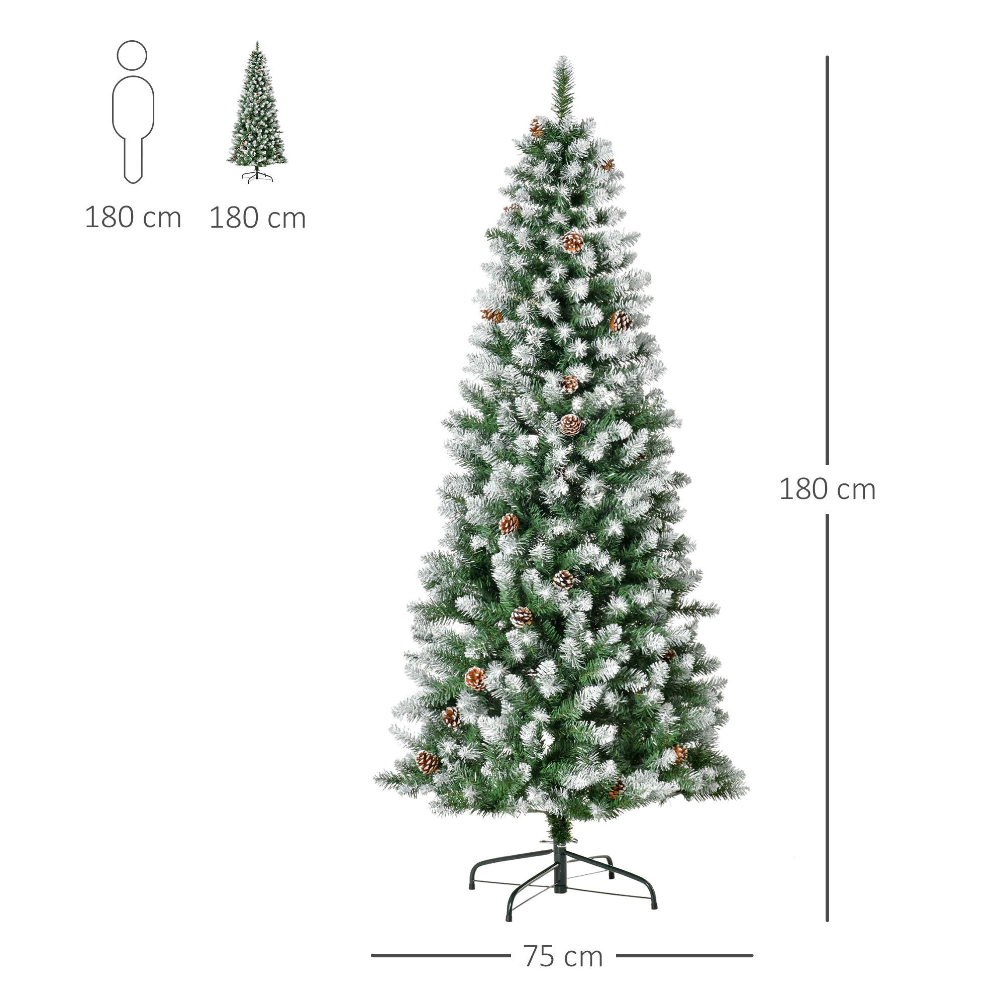 Un árbol de Navidad alto y cubierto de nieve con piñas, con comparación de altura humana.
