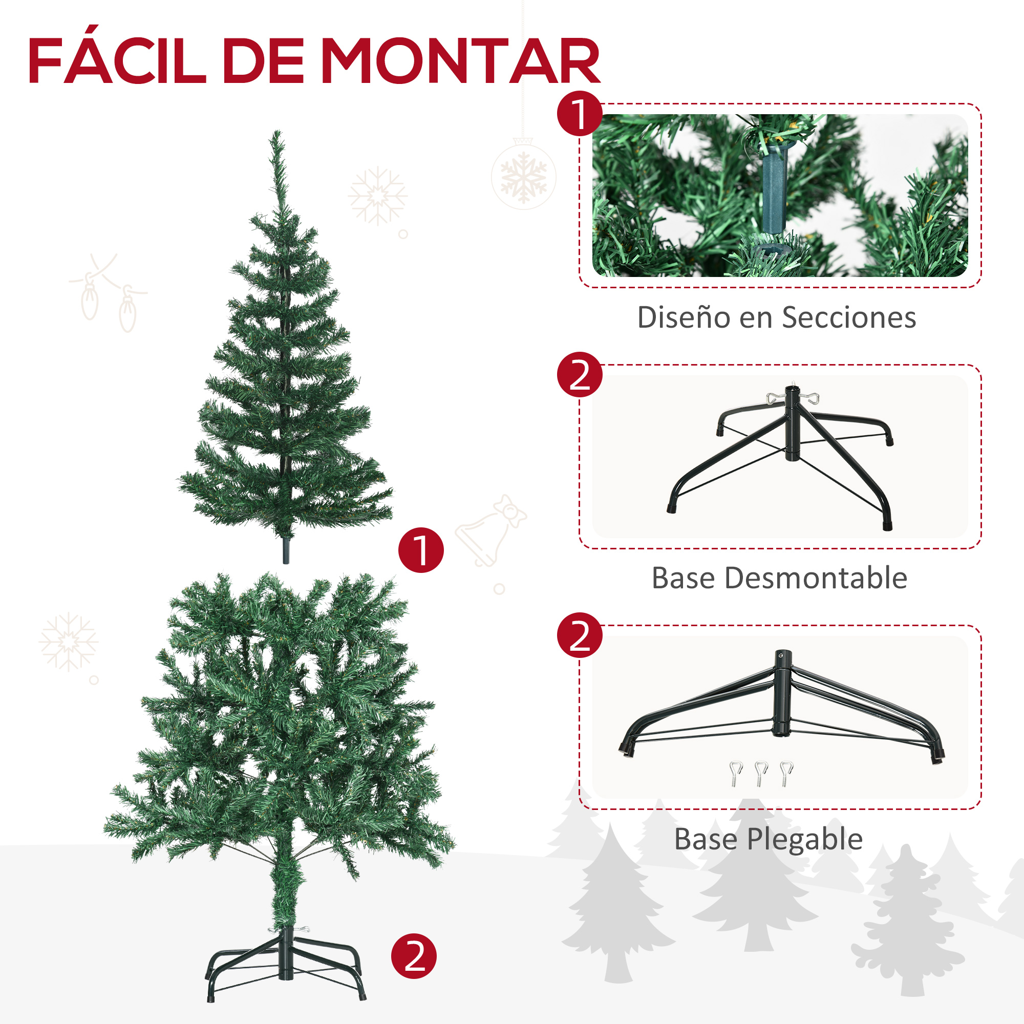 Diagrama que muestra secciones del árbol, una base desmontable y una base plegable, para un fácil montaje.