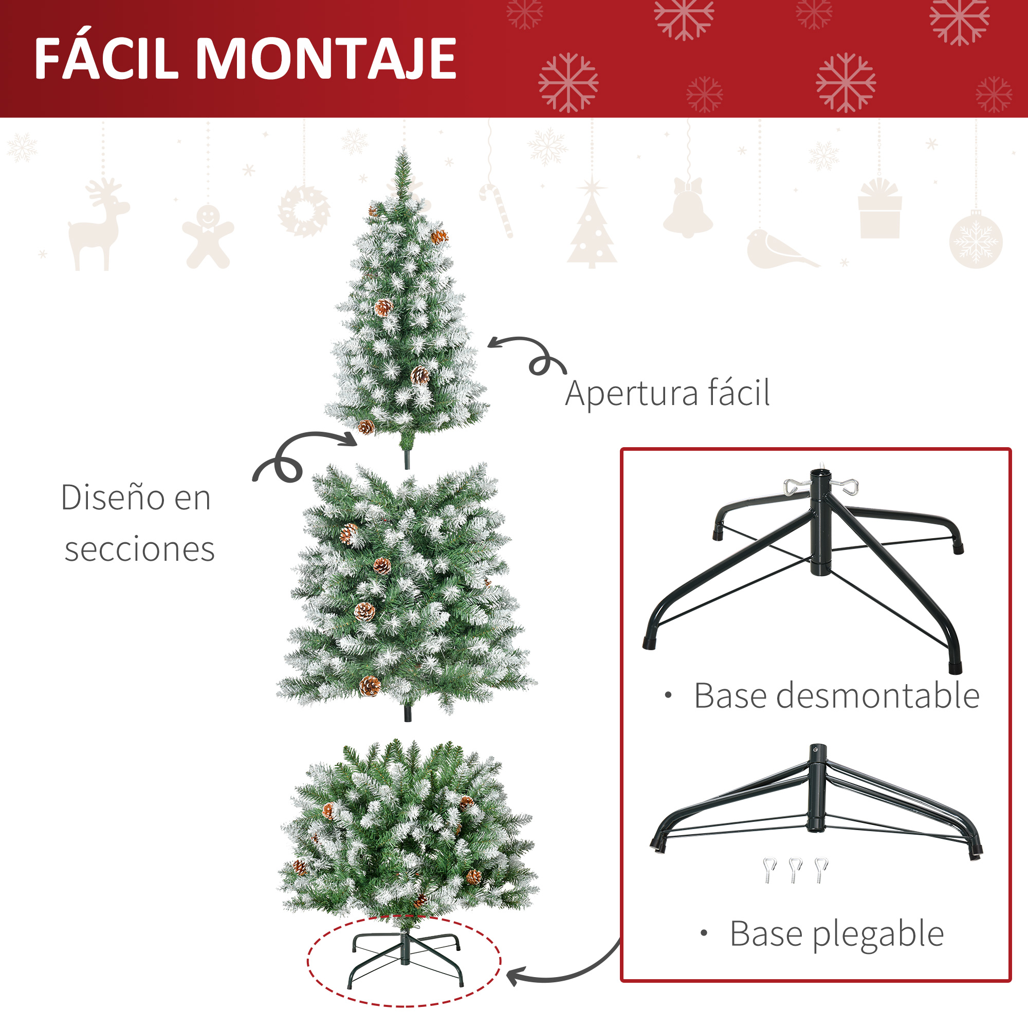 Diagrama de un árbol de Navidad, que muestra secciones y un montaje fácil. Incluye una base plegable.